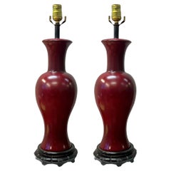 Retro Mid-Century Chinese Export Oxblood Red Porcelain Vase Table Lamps - Pair