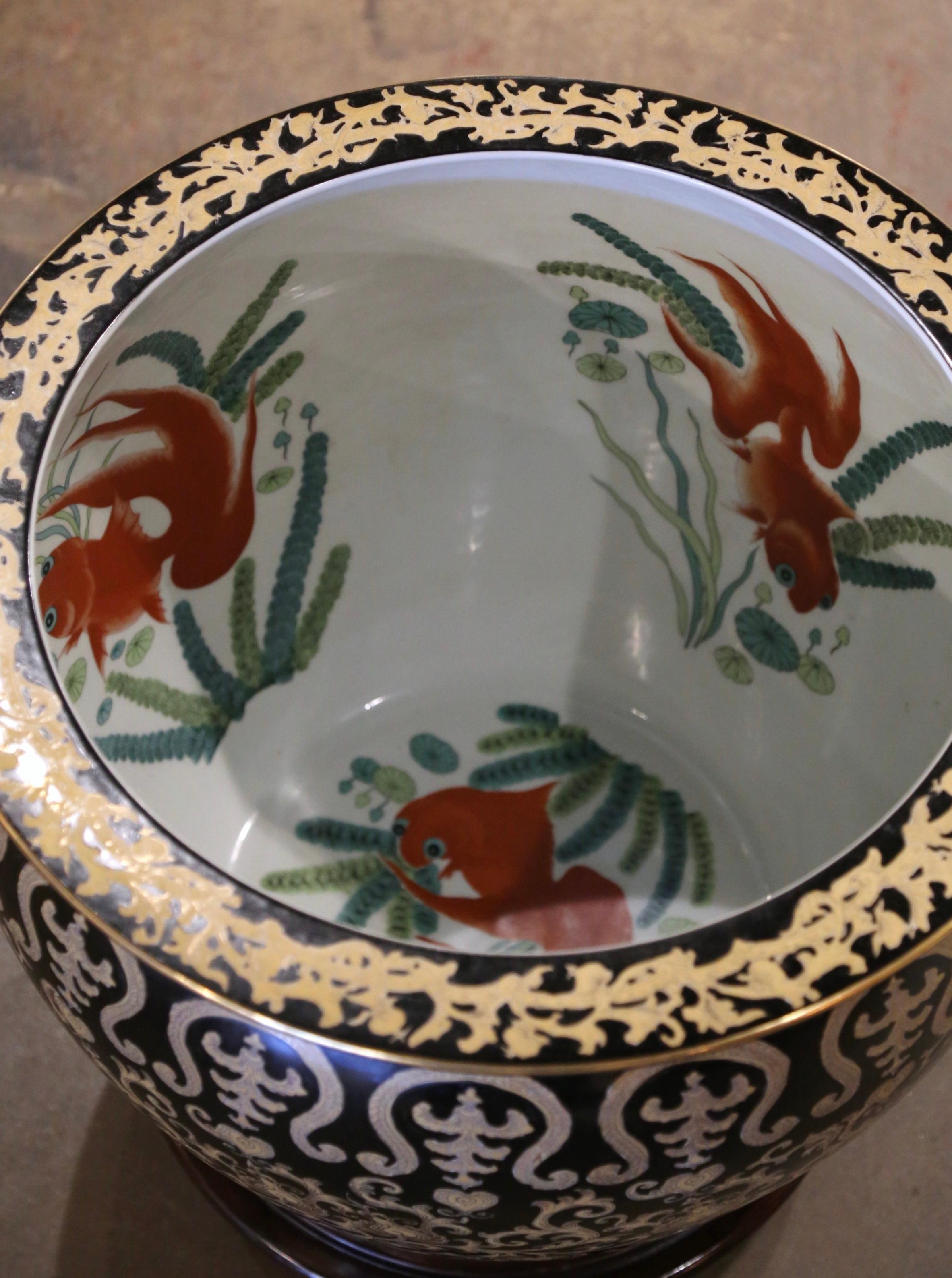 Hand-Crafted Mid-Century Chinese Export Painted and Gilt Porcelain Fish Bowl on Stand