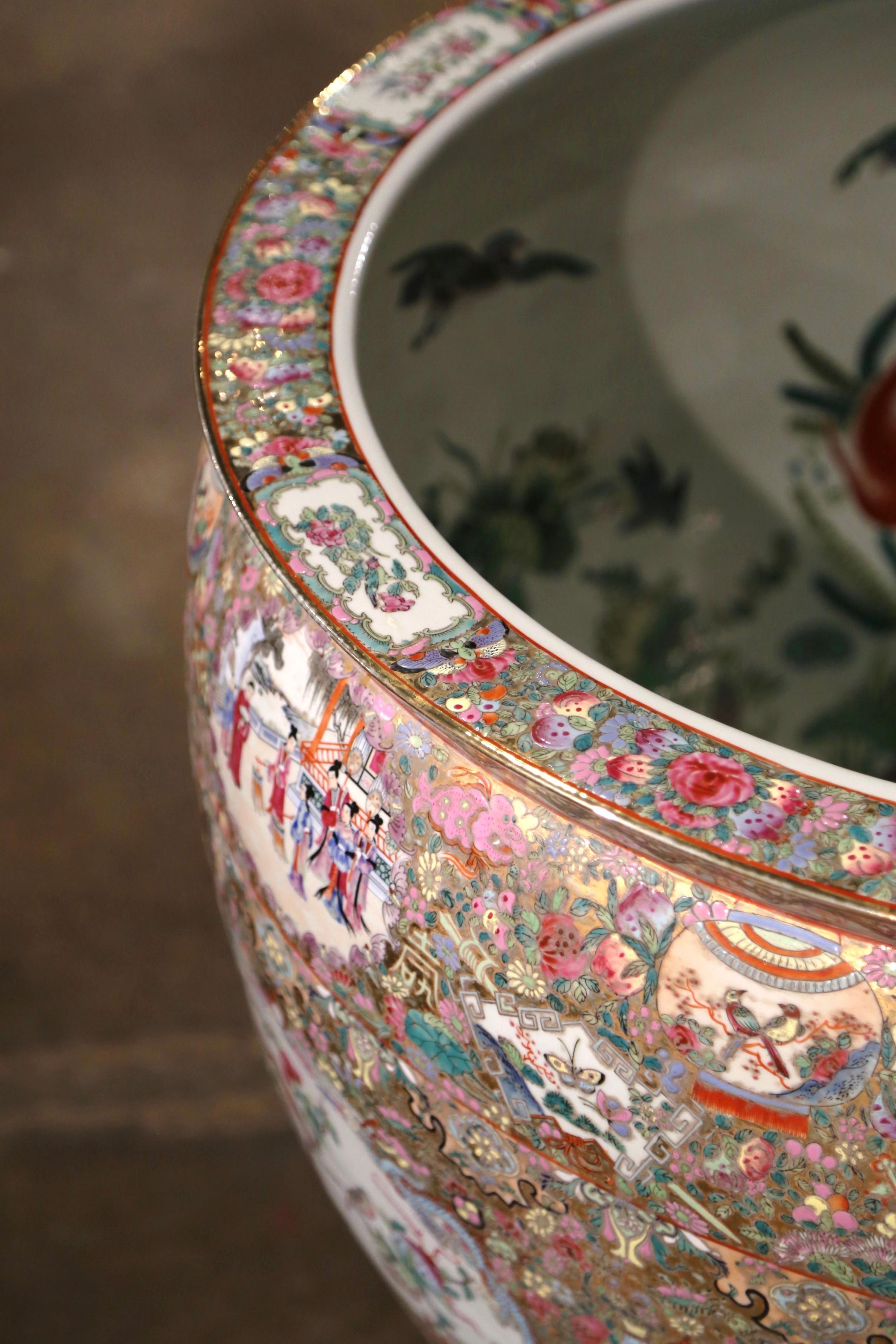 Hand-Crafted Mid-Century Chinese Export Painted Porcelain Fish Bowl on Carved Walnut Stand