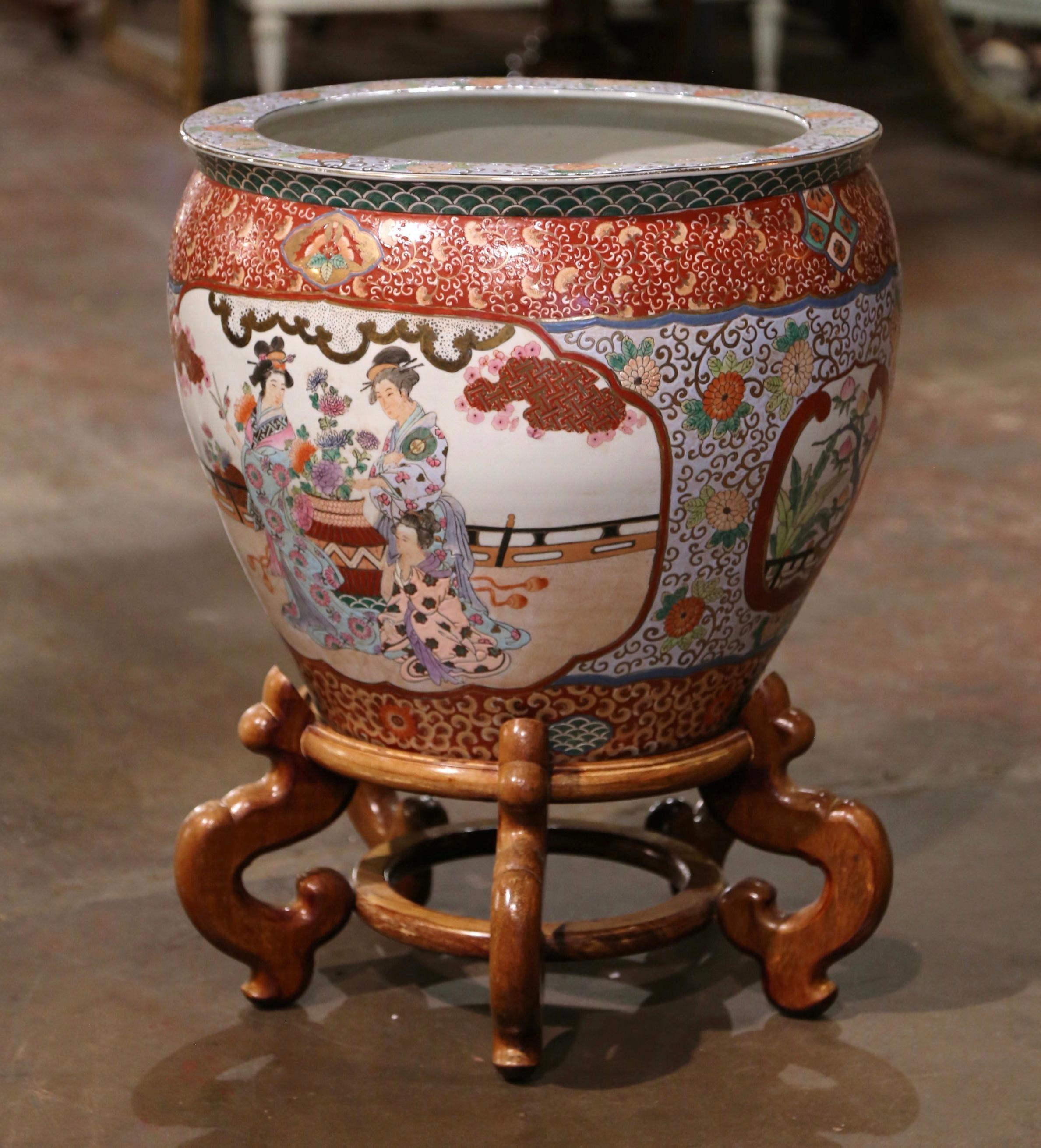 20th Century Mid-Century Chinese Export Painted Porcelain Fish Bowl on Carved Walnut Stand