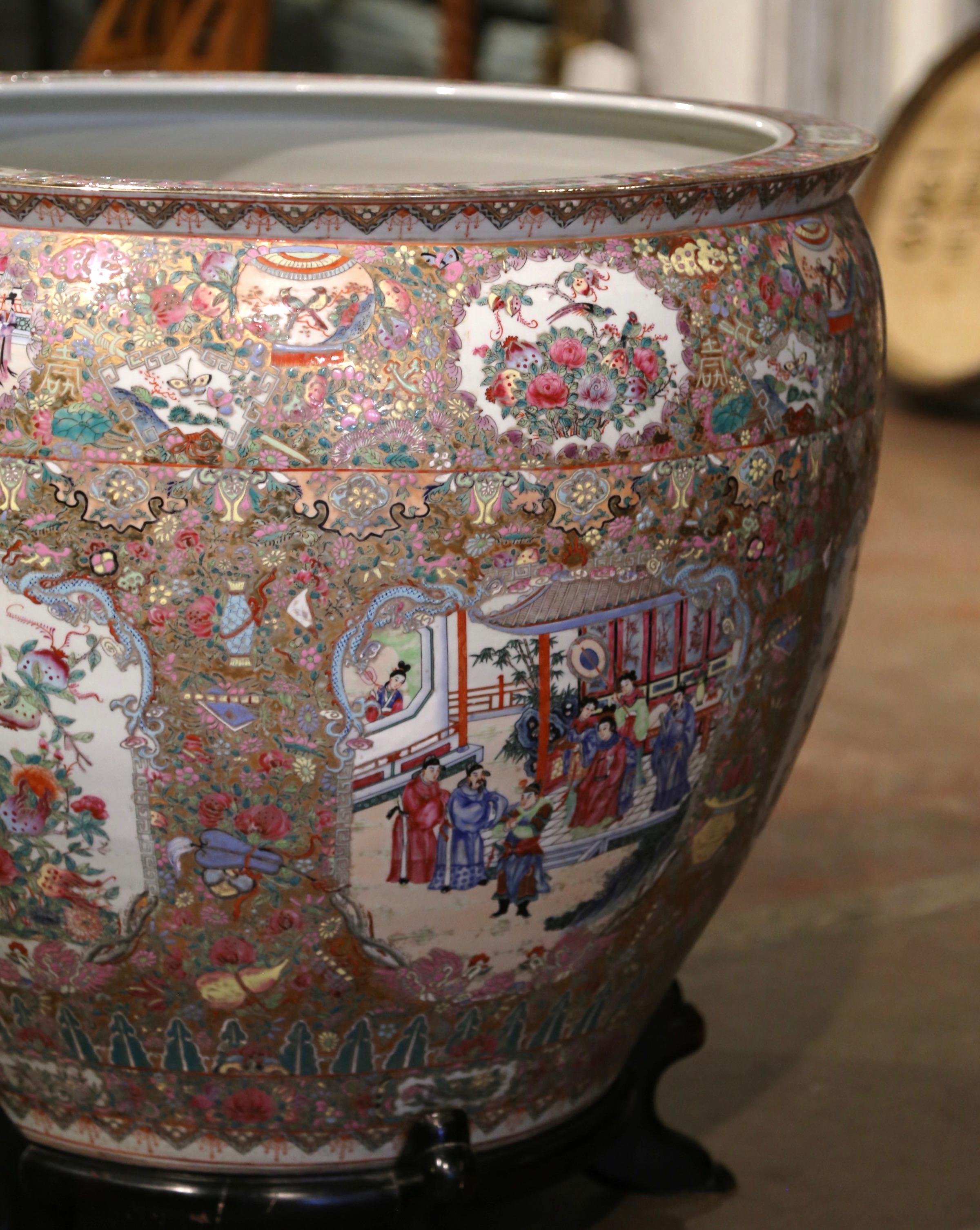 20th Century Mid-Century Chinese Export Painted Porcelain Fish Bowl on Carved Walnut Stand
