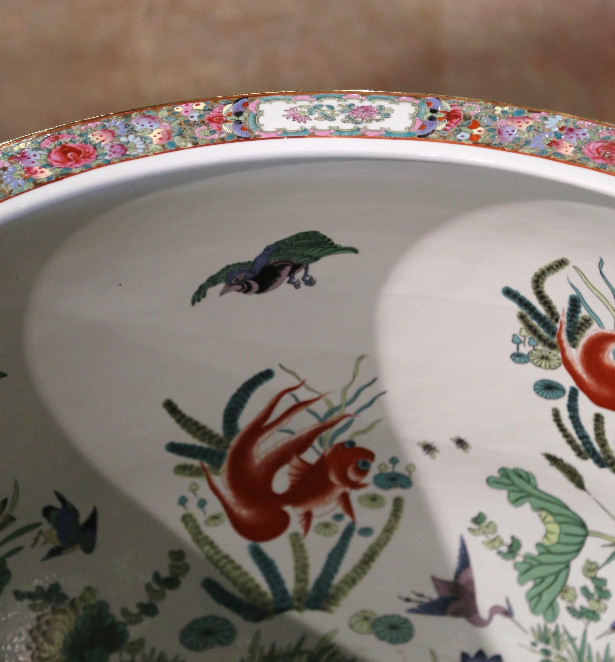 Mid-Century Chinese Export Painted Porcelain Fish Bowl on Carved Walnut Stand 2