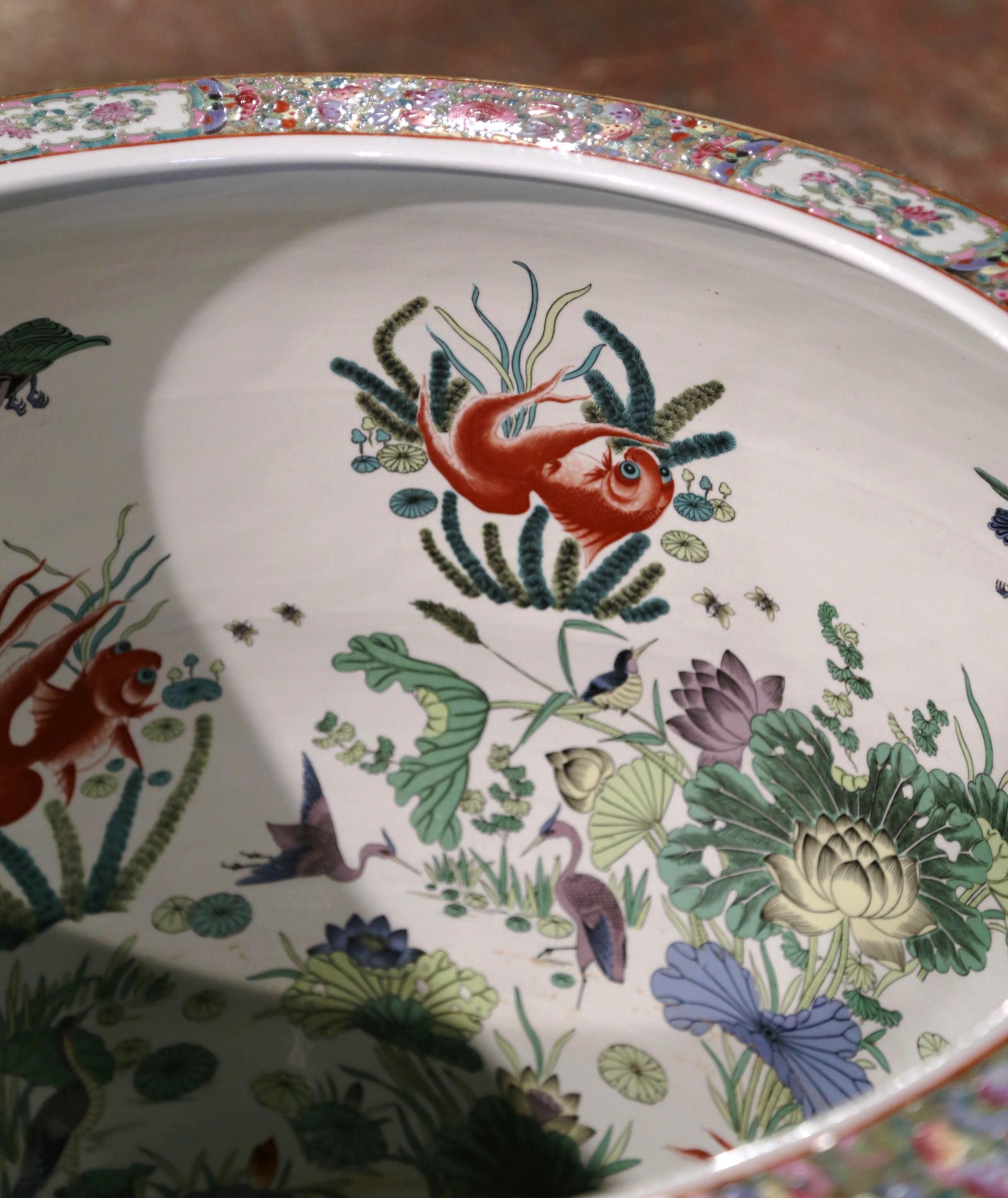 Mid-Century Chinese Export Painted Porcelain Fish Bowl on Carved Walnut Stand 3