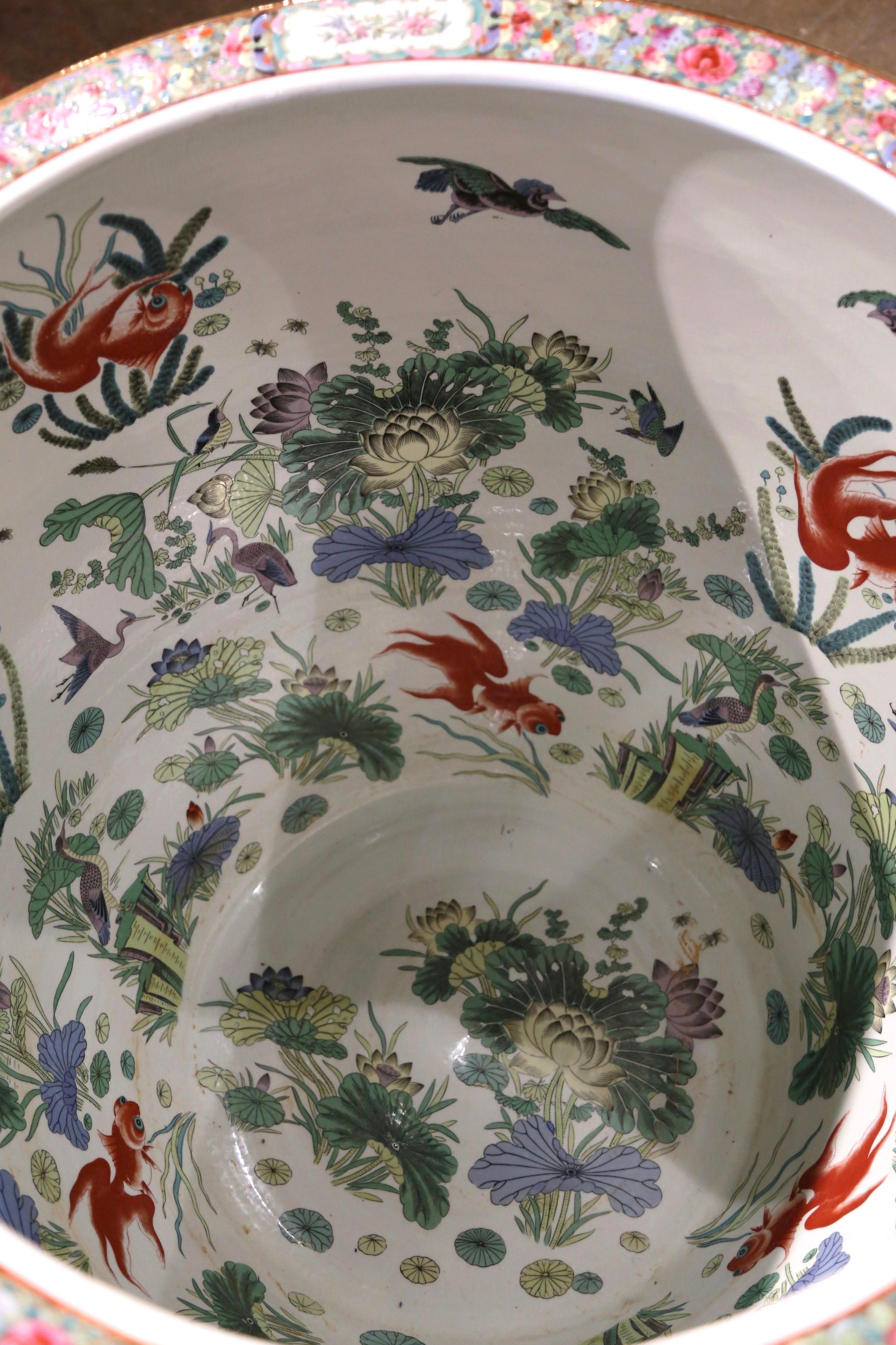 Mid-Century Chinese Export Painted Porcelain Fish Bowl on Carved Walnut Stand 4