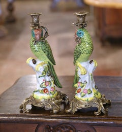Mid-Century Chinese Export Porcelain Parrot Candlesticks on Gilt Bronze Bases