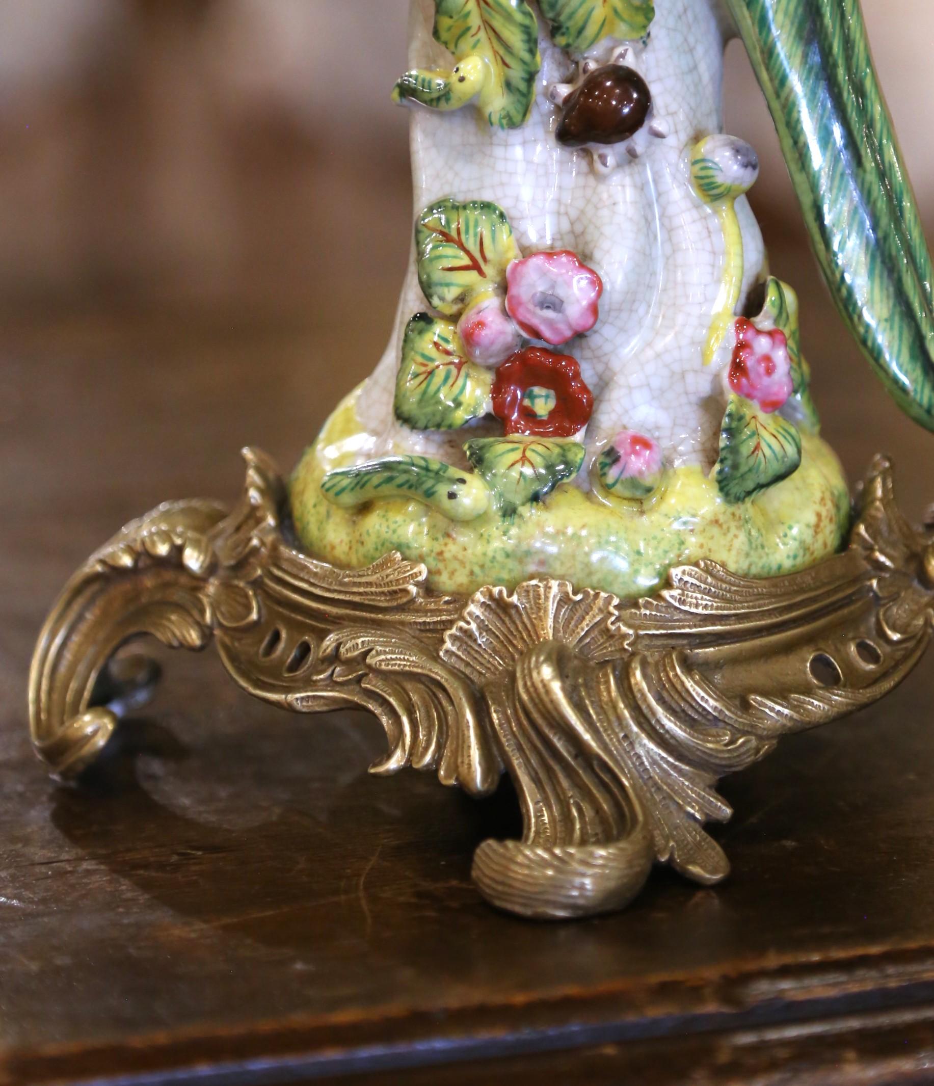 Louis XV Mid-Century Chinese Export Porcelain Parrot Candlesticks on Gilt Bronze Bases For Sale
