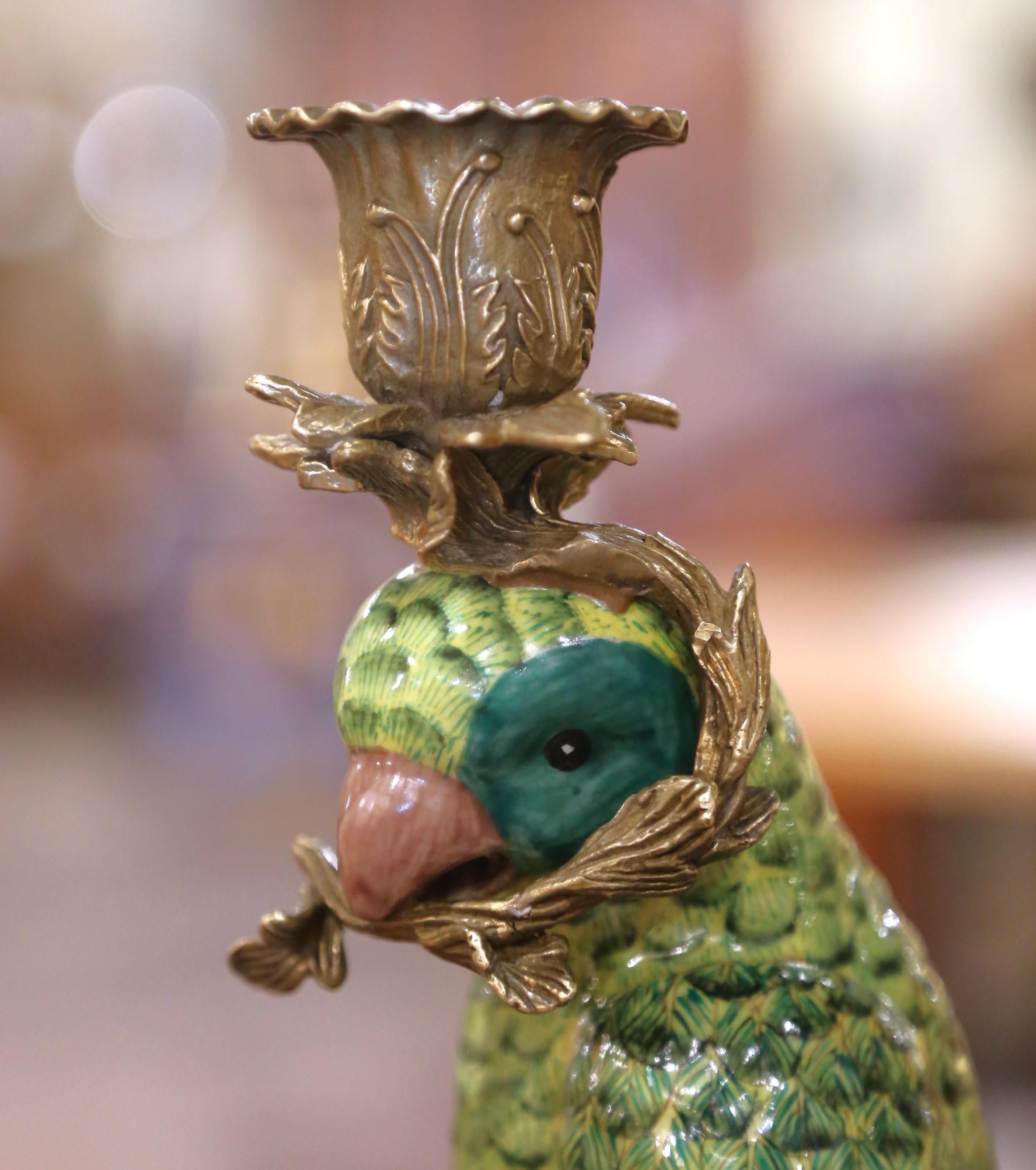 Hand-Crafted Mid-Century Chinese Export Porcelain Parrot Candlesticks on Gilt Bronze Bases For Sale