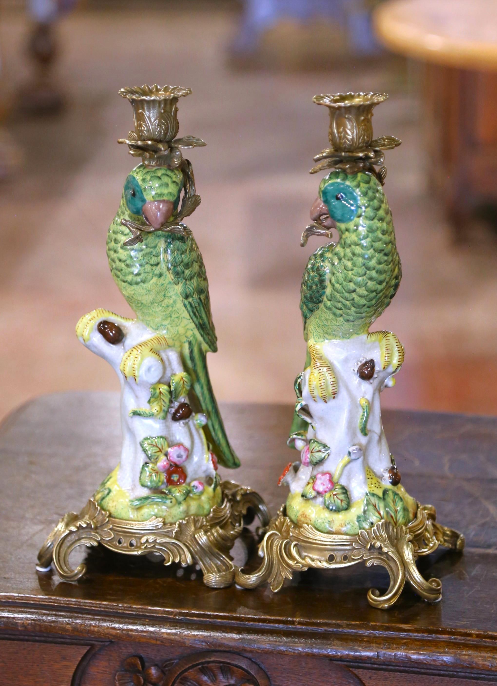 Mid-Century Chinese Export Porcelain Parrot Candlesticks on Gilt Bronze Bases In Excellent Condition For Sale In Dallas, TX