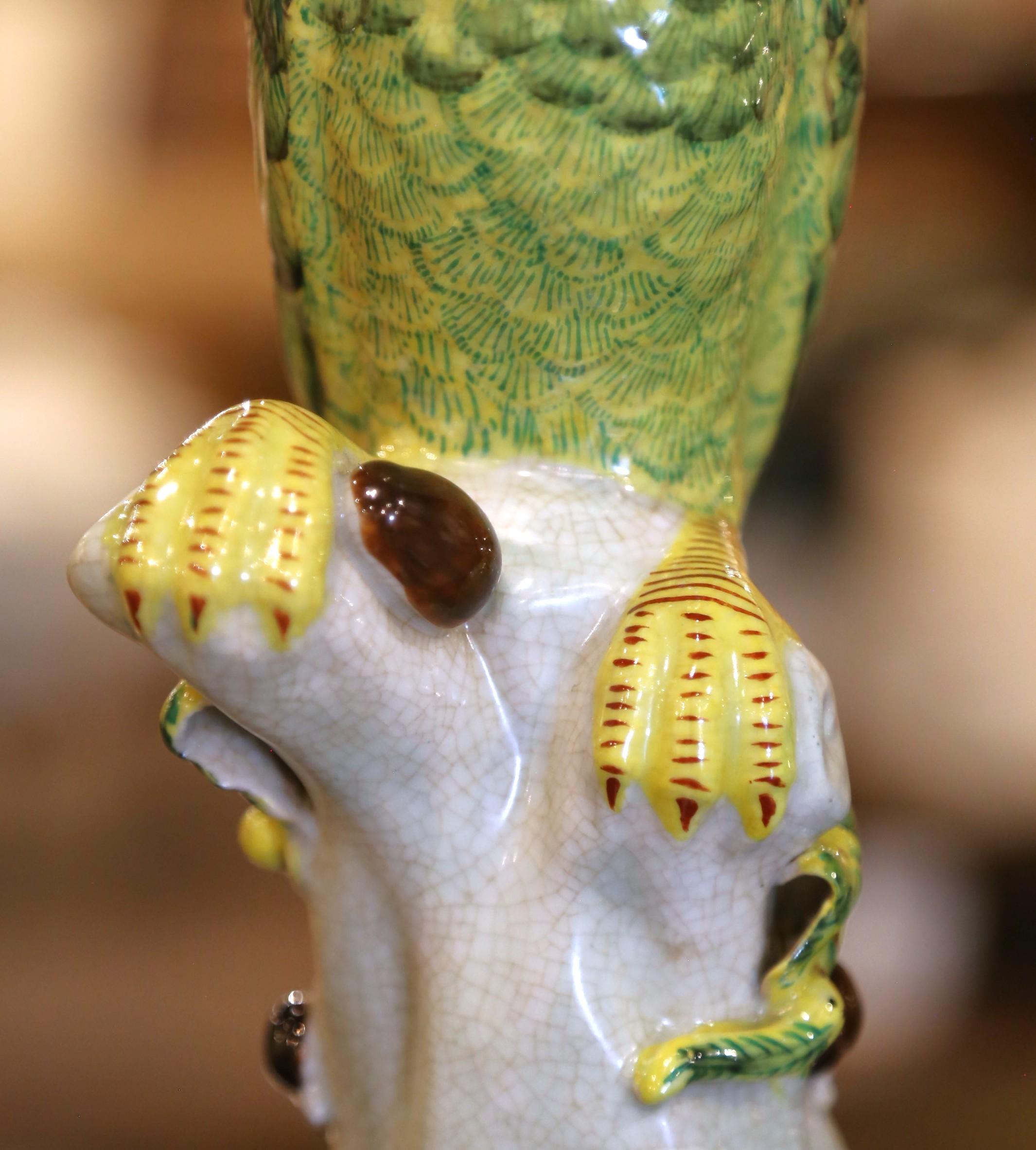 Mid-Century Chinese Export Porcelain Parrot Candlesticks on Gilt Bronze Bases For Sale 1