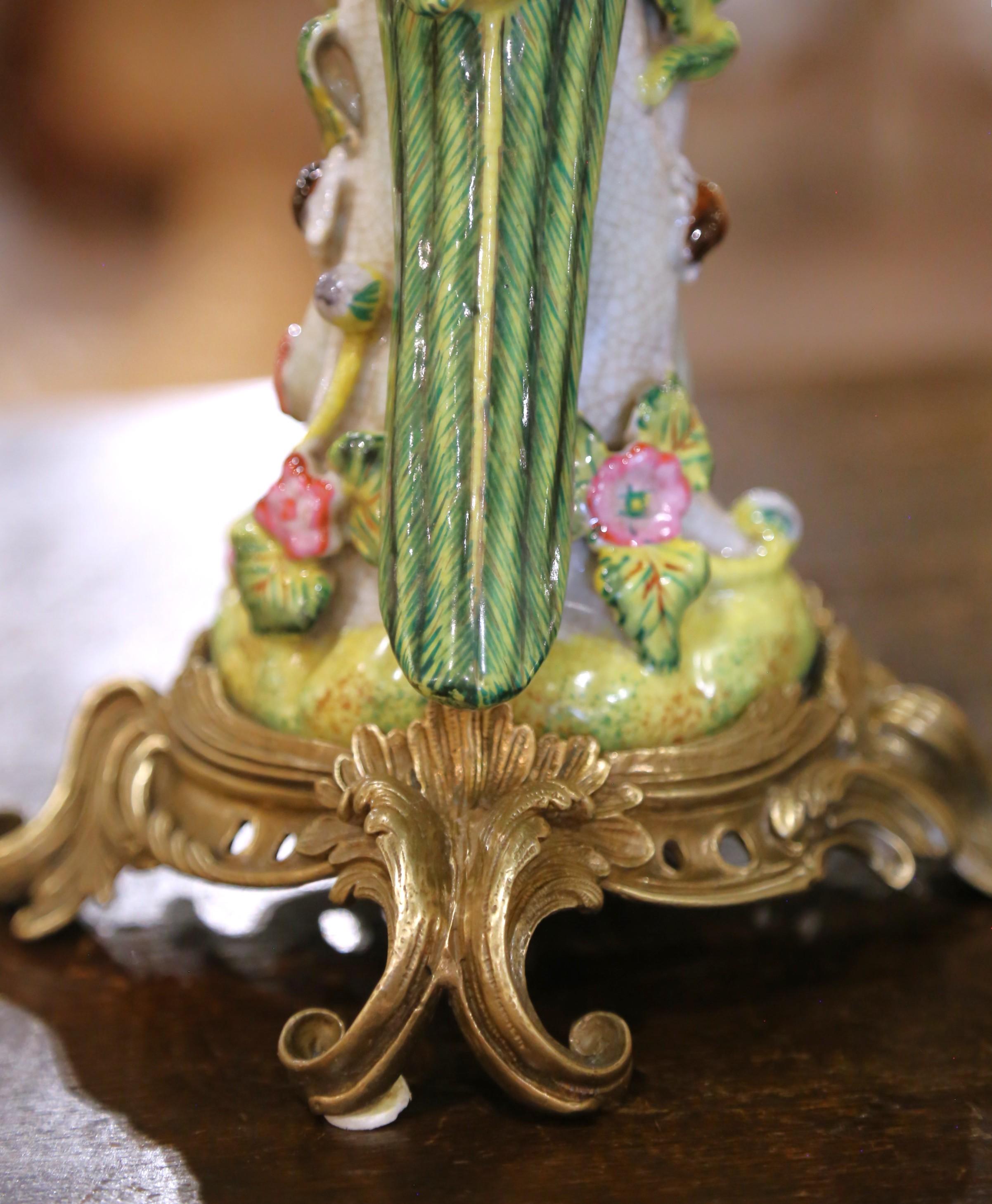 Mid-Century Chinese Export Porcelain Parrot Candlesticks on Gilt Bronze Bases For Sale 2