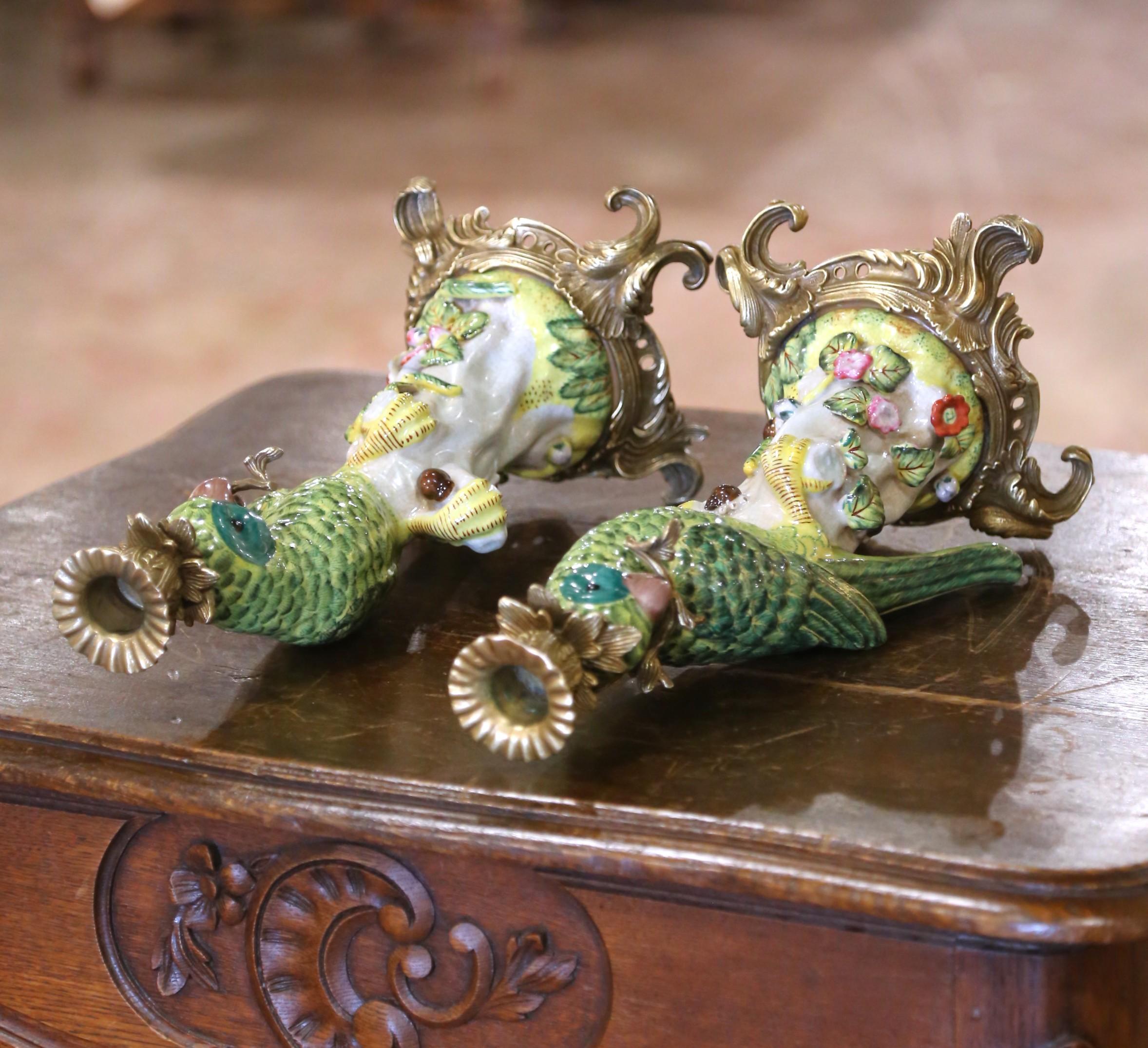 Mid-Century Chinese Export Porcelain Parrot Candlesticks on Gilt Bronze Bases For Sale 3
