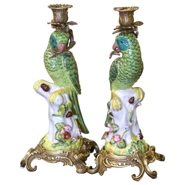 Mid-Century Chinese Export Porcelain Parrot Candlesticks on Gilt Bronze ...