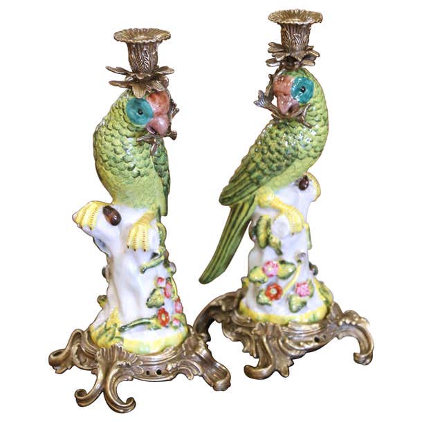 Mid-Century Chinese Export Porcelain Parrot Candlesticks on Gilt Bronze ...
