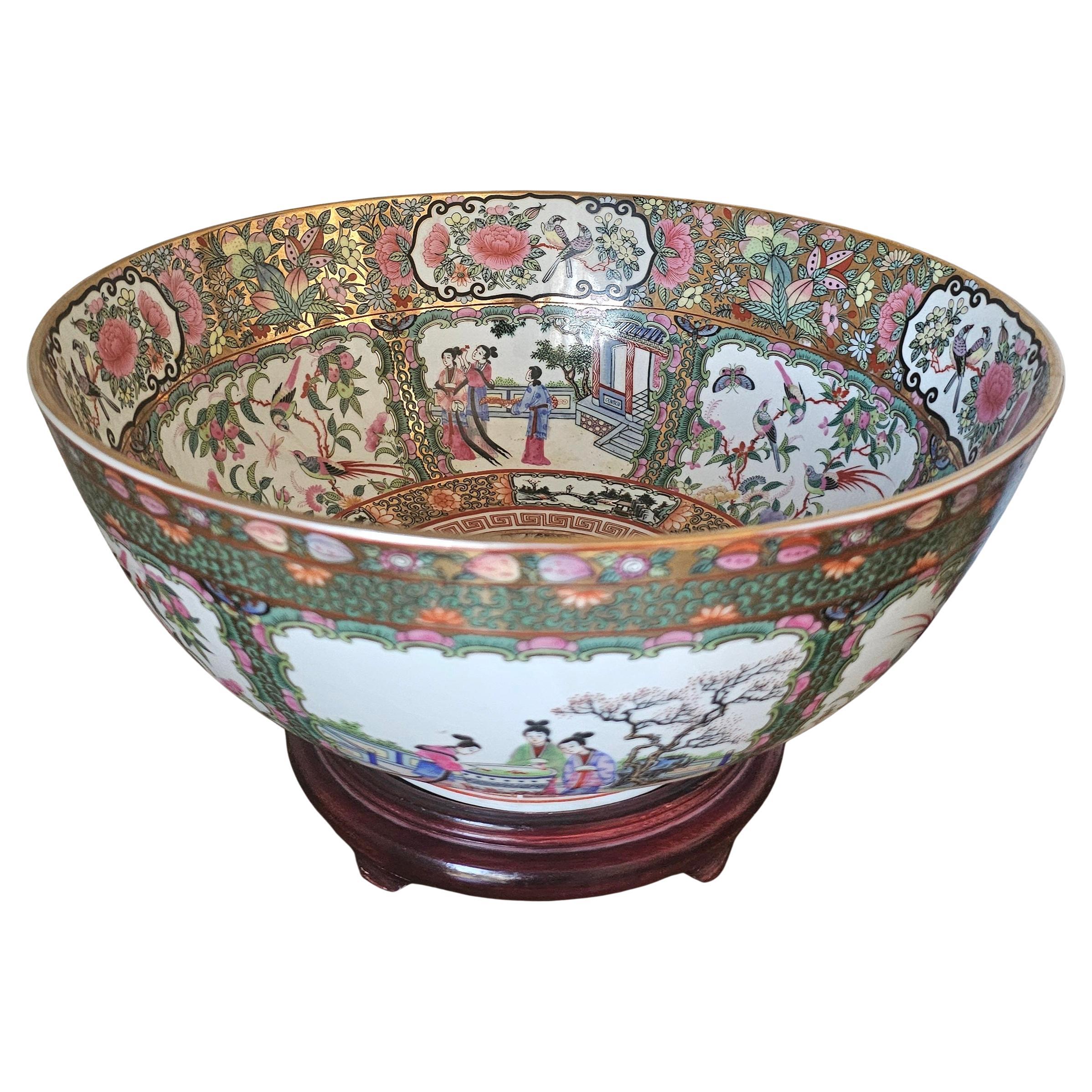 Mid Century Chinese Export Rose Medallion Punch Bowl on Wood Stand