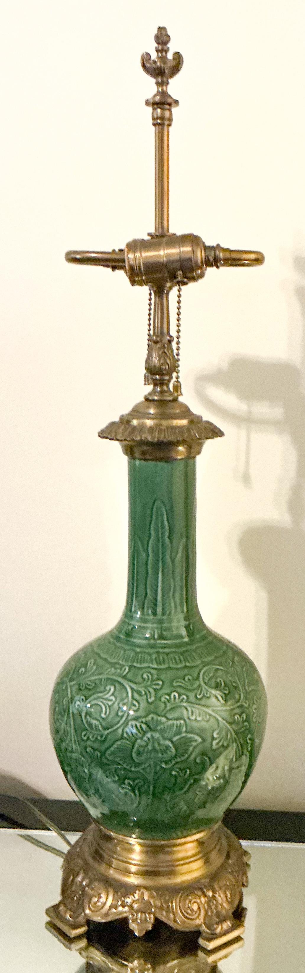 Exportation chinoise Lampes de table en gourde gaufrée verte de style export chinois du milieu du siècle - Paire en vente