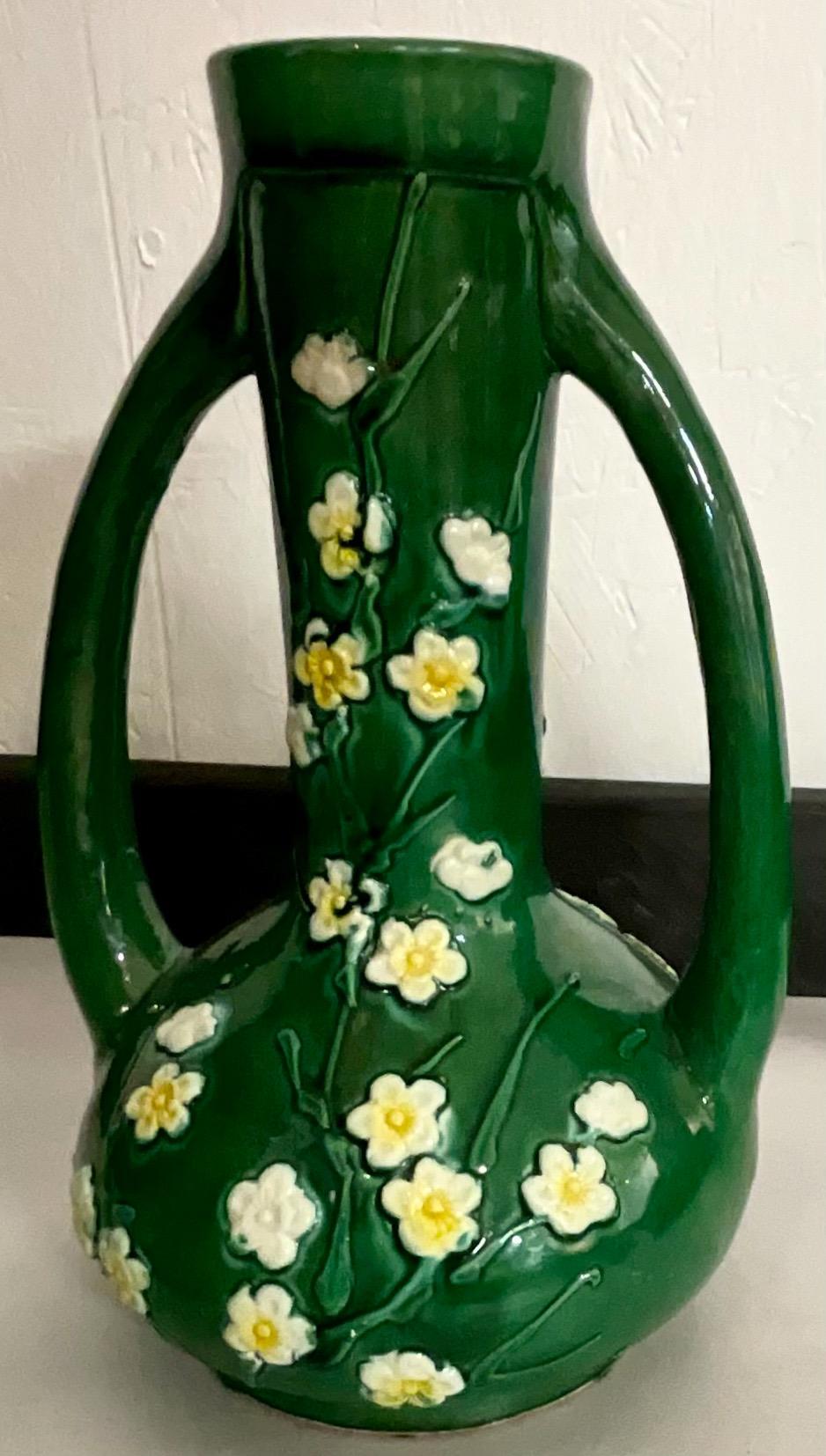 Mid-Century Chinese Export Style Green Pottery and Blossom Vases, S/2 In Good Condition For Sale In Kennesaw, GA