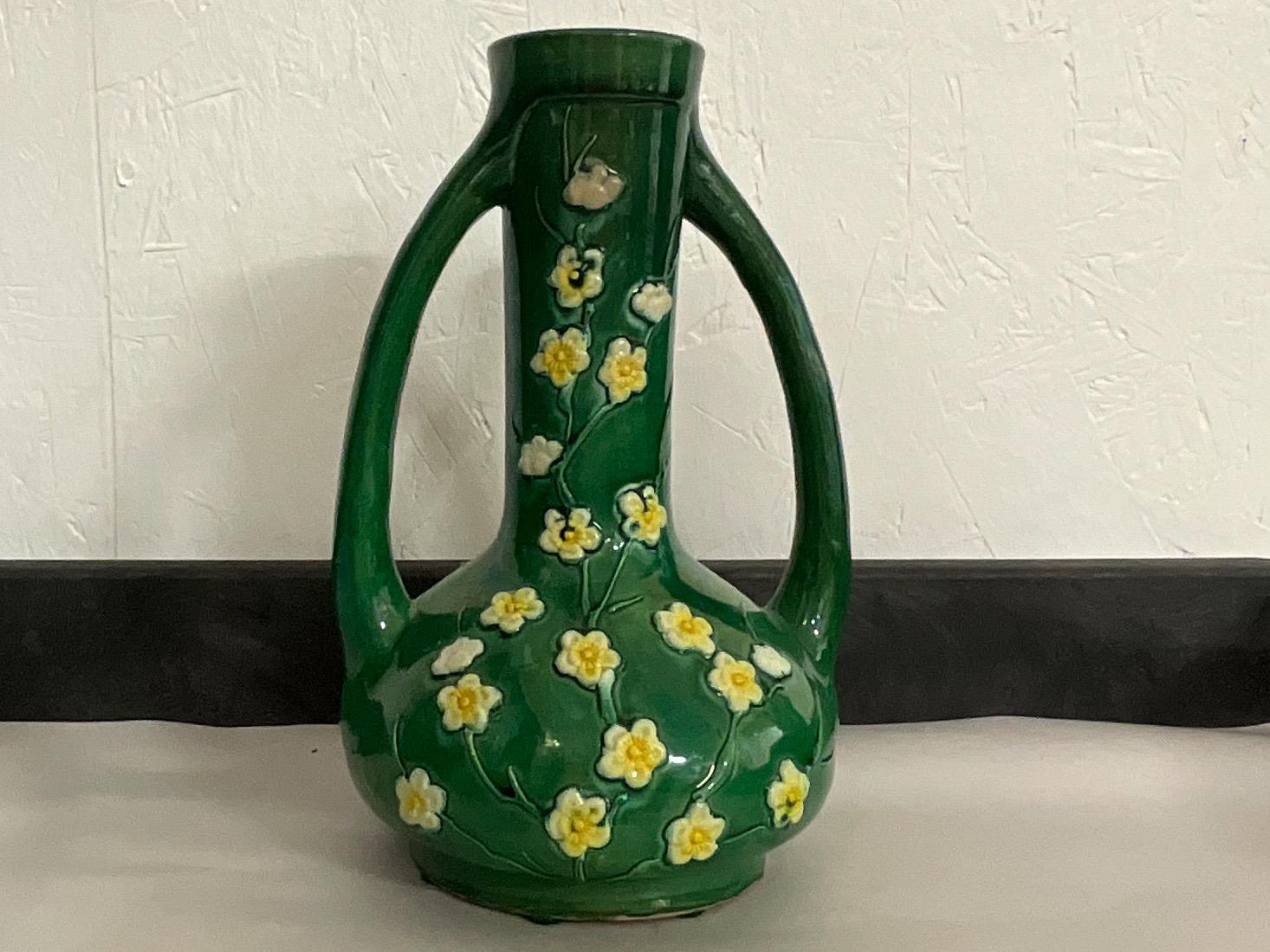 Mid-Century Chinese Export Style Green Pottery and Blossom Vases, S/2 For Sale 1