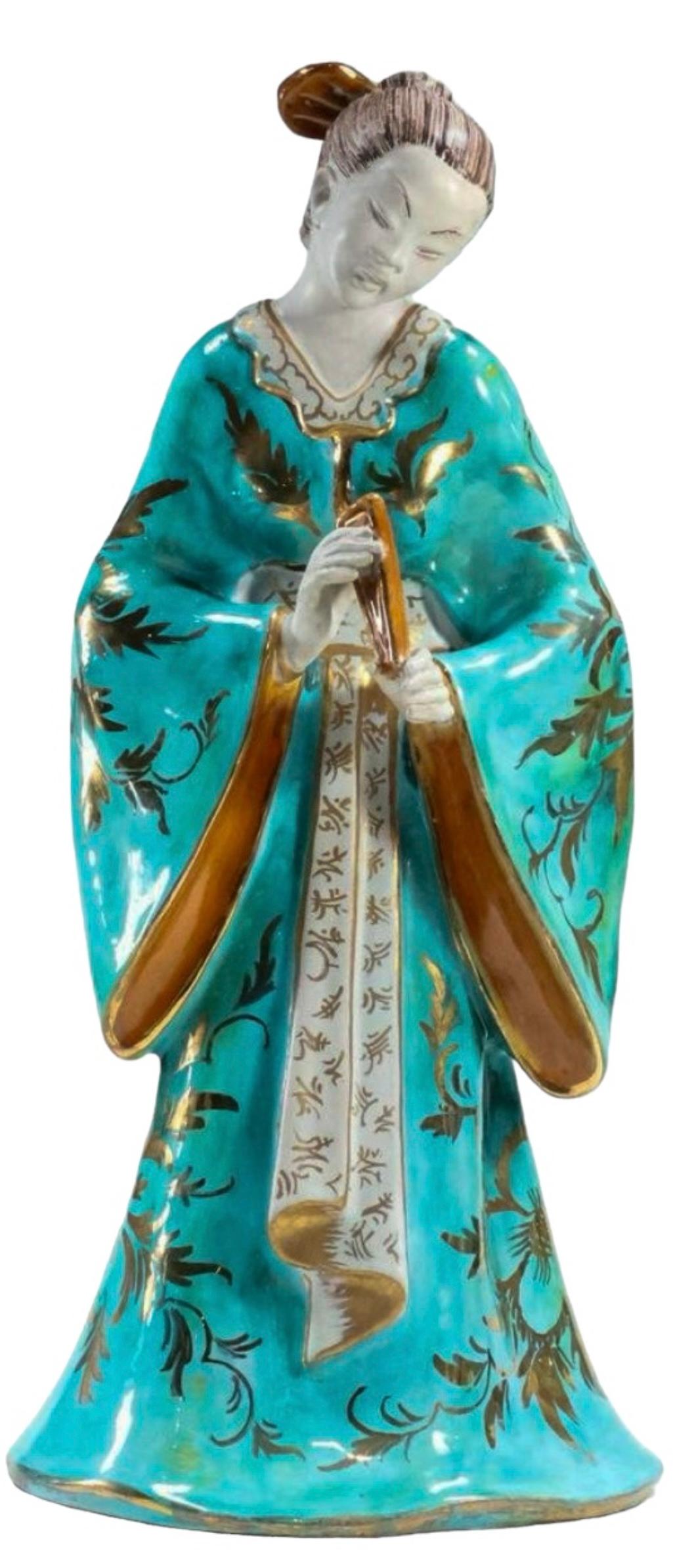 Mid-Century Chinese Export Style Italian Hand Painted Ceramic Asian Figures - 2 For Sale 2