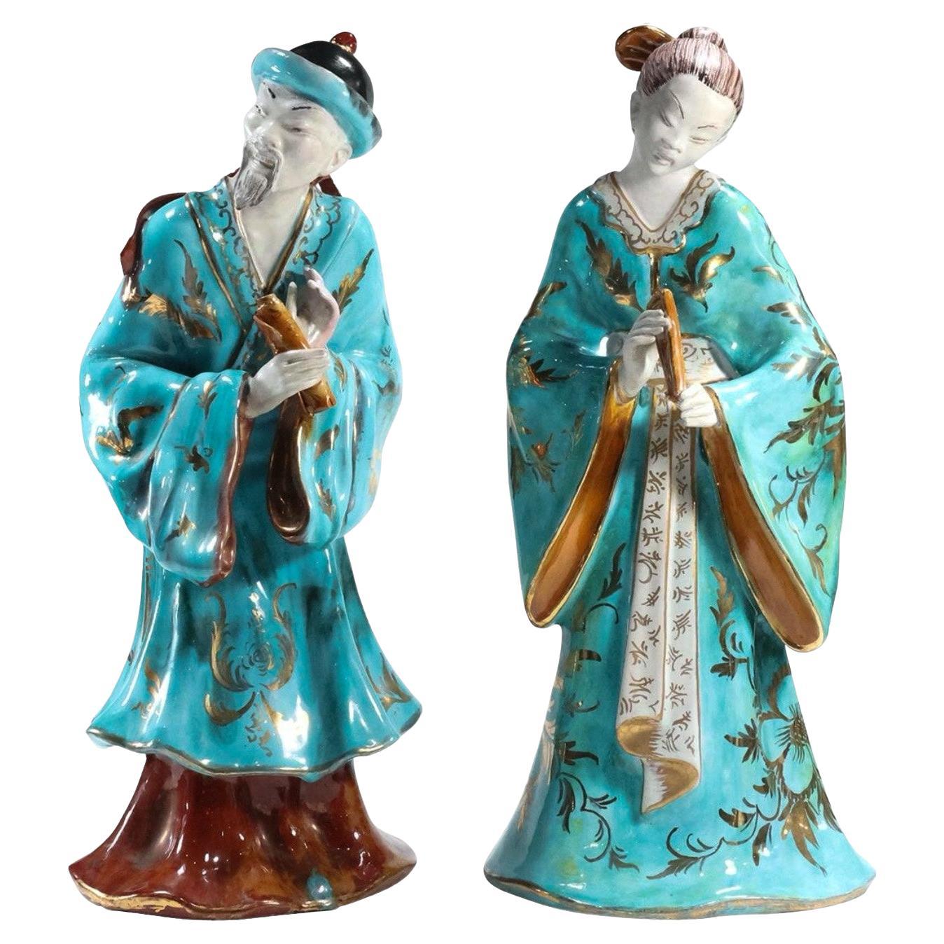 Mid-Century Chinese Export Style Italian Hand Painted Ceramic Asian Figures - 2 For Sale