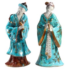 Figurines asiatiques en céramique peinte à la main de style export chinois du milieu du siècle - 2
