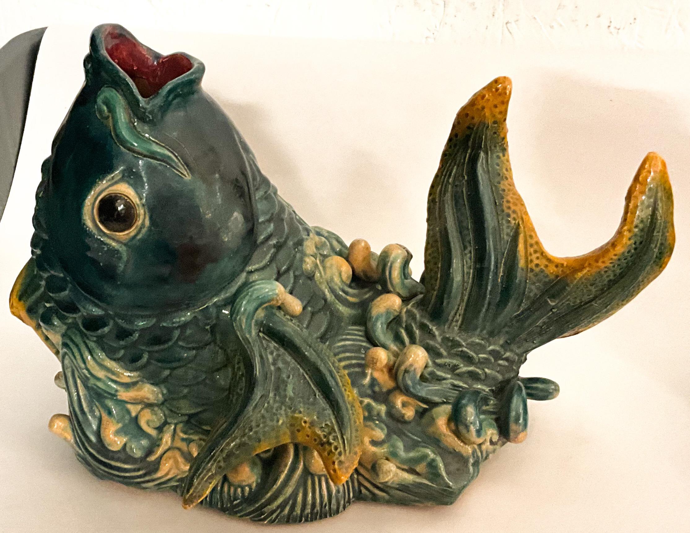 Mid-Century Chinese Export Style Majolica Terracotta Table Fish Figurines - S/2 In Good Condition In Kennesaw, GA