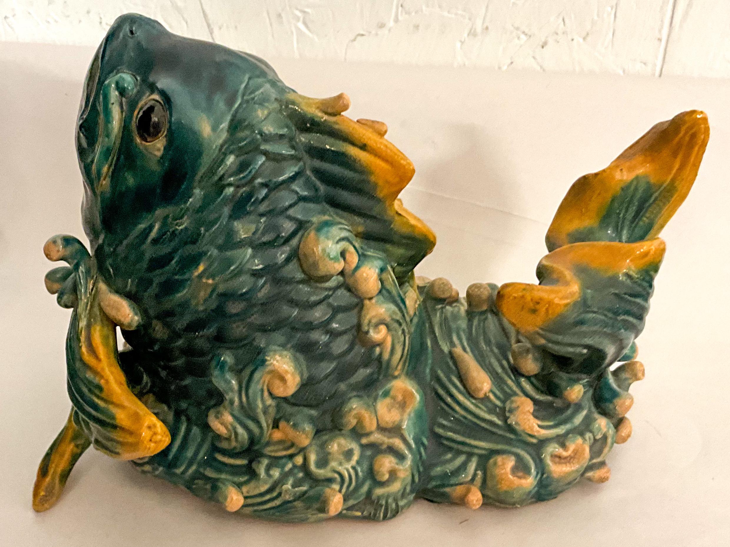 Mid-Century Chinese Export Style Majolica Terracotta Table Fish Figurines - S/2 1