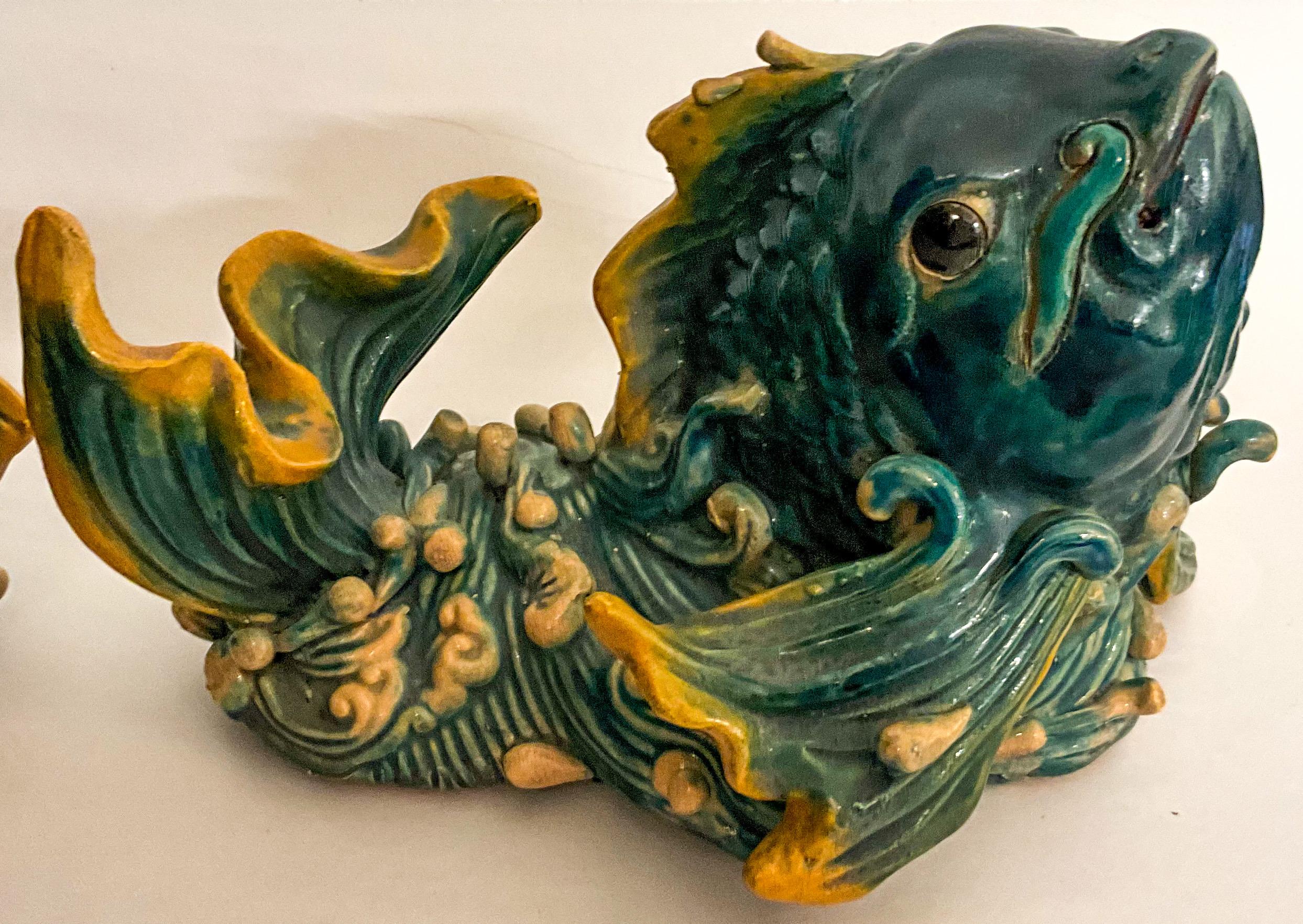 Mid-Century Chinese Export Style Majolica Terracotta Table Fish Figurines - S/2 3