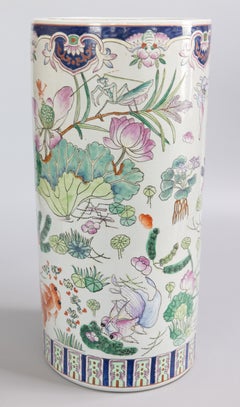 Midcentury Chinese Famille Rose Chinoiserie Lotus Flower Ceramic Umbrella Stand