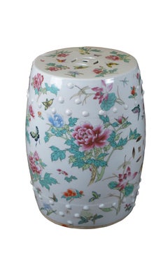 Mid Century Chinese Famille Rose Floral & Fauna Polychrome Garden Stool Seat 18"