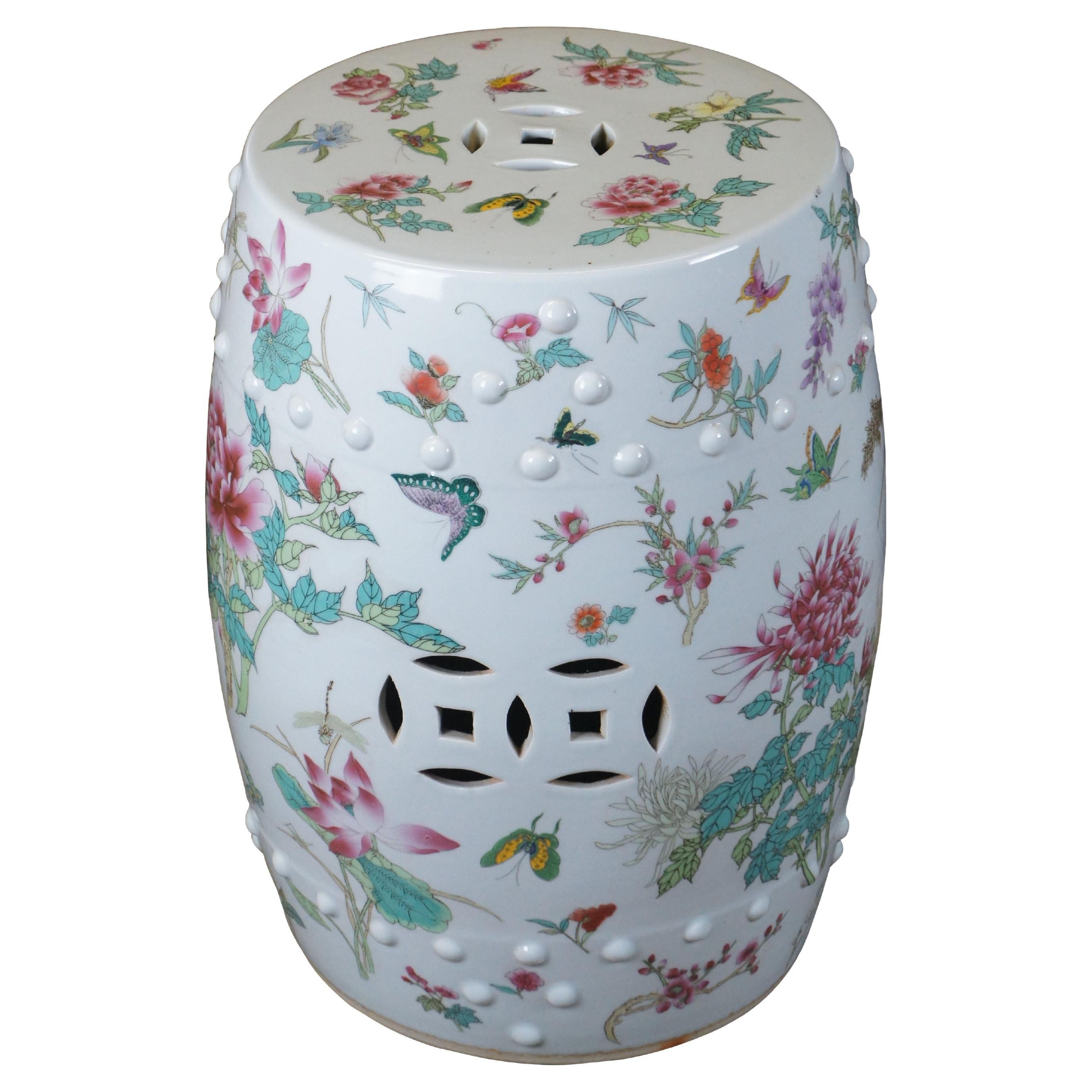 Mid Century Chinese Famille Rose Floral 
Fauna Polychrome Garden Stool Seat 18" For Sale