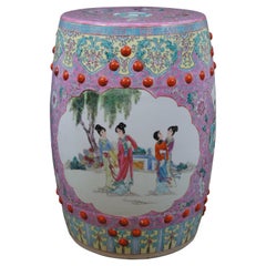Mid Century Chinese Famille Rose Pink Ceramic Garden Seat Stool Side Table