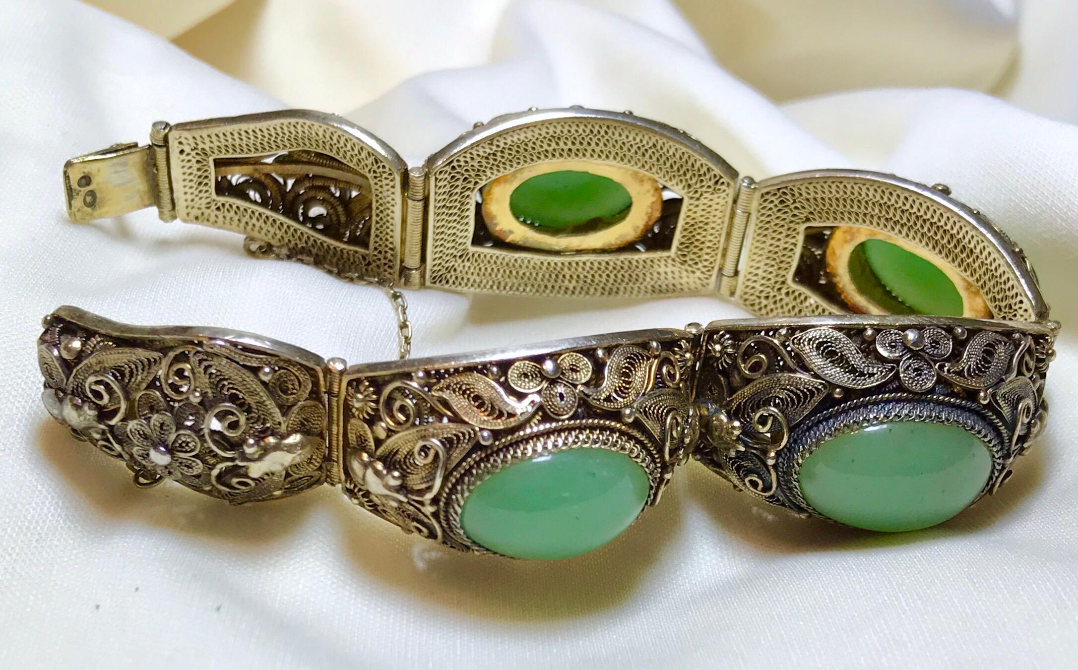 Mid-Century Chinese Gilt Sterling and Jade Bracelet In Good Condition For Sale In Long Beach, CA