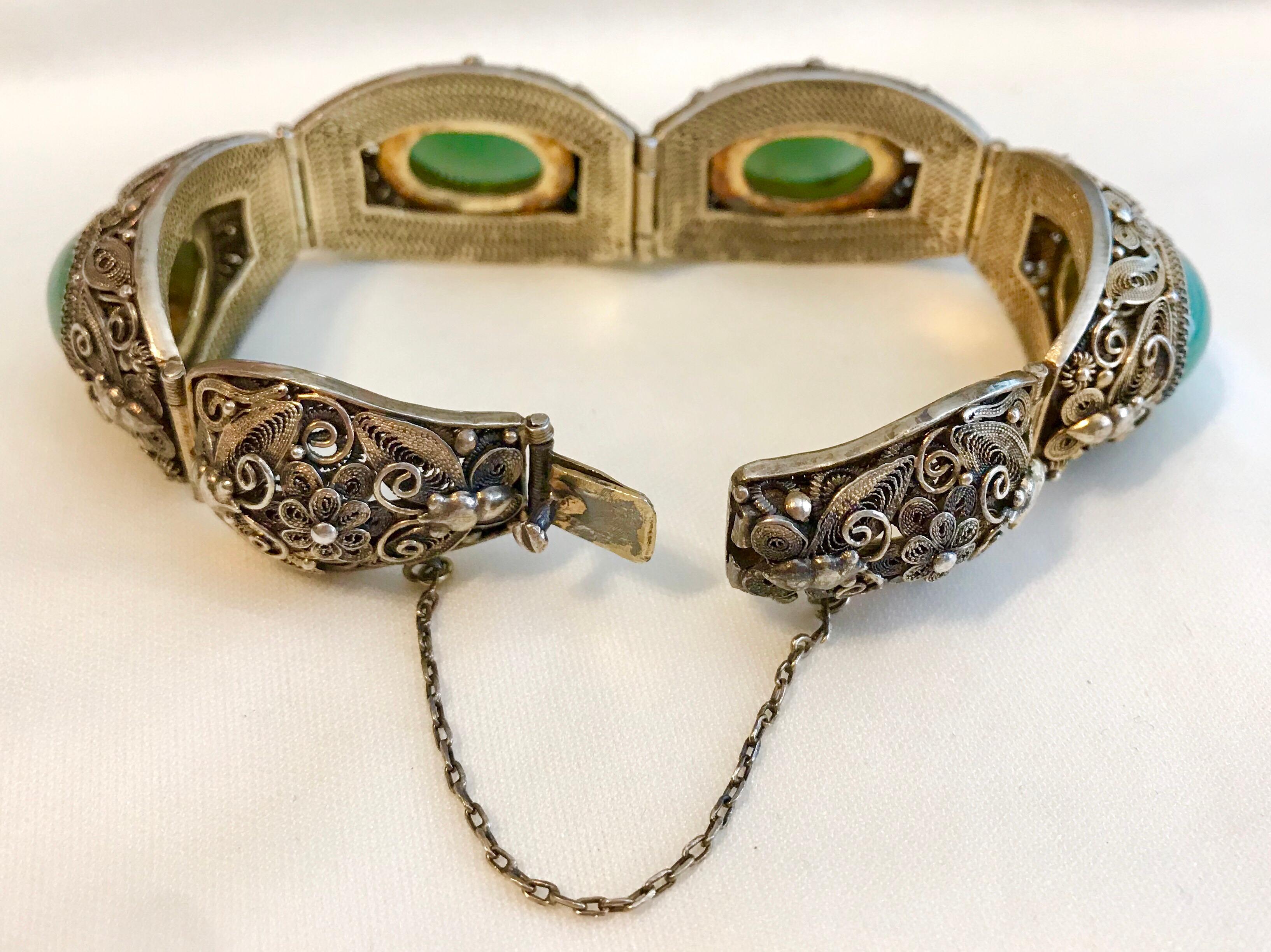 Mid-Century Chinese Gilt Sterling and Jade Bracelet For Sale 1