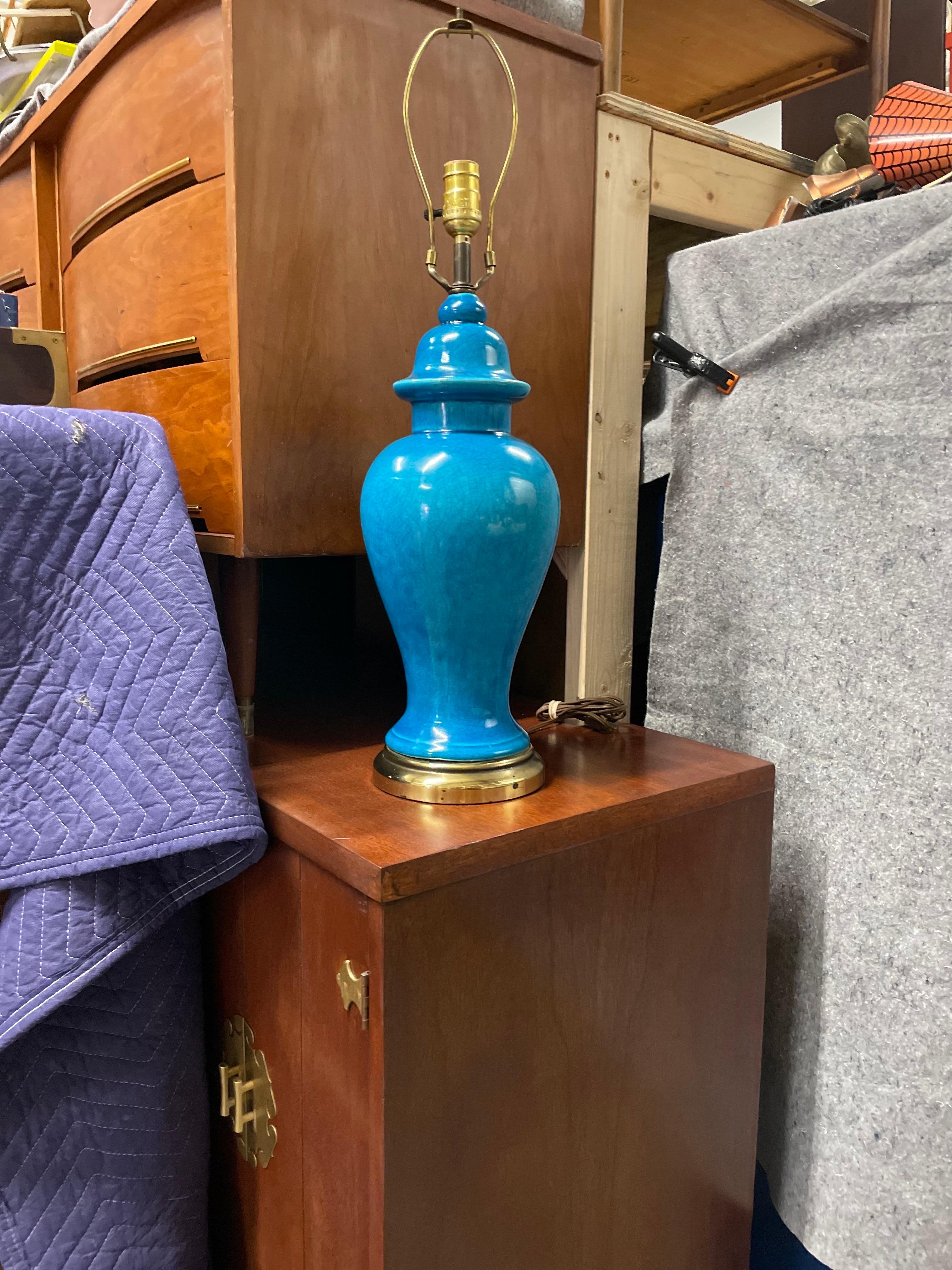 Mid-Century Chinese Ginger Jar Glazed Blue Ceramic Table Lamp 4