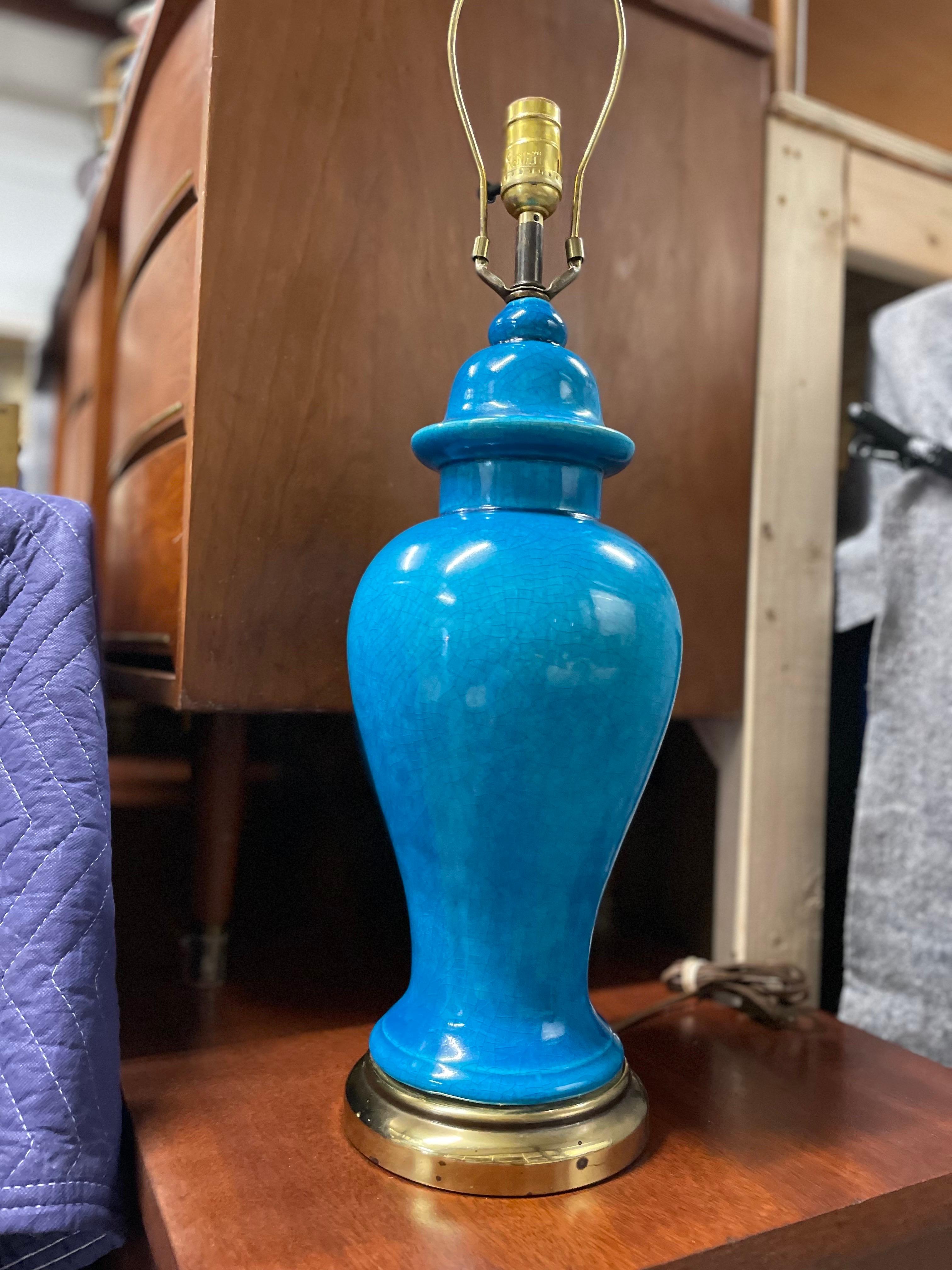 Mid-Century Chinese Ginger Jar Glazed Blue Ceramic Table Lamp 5