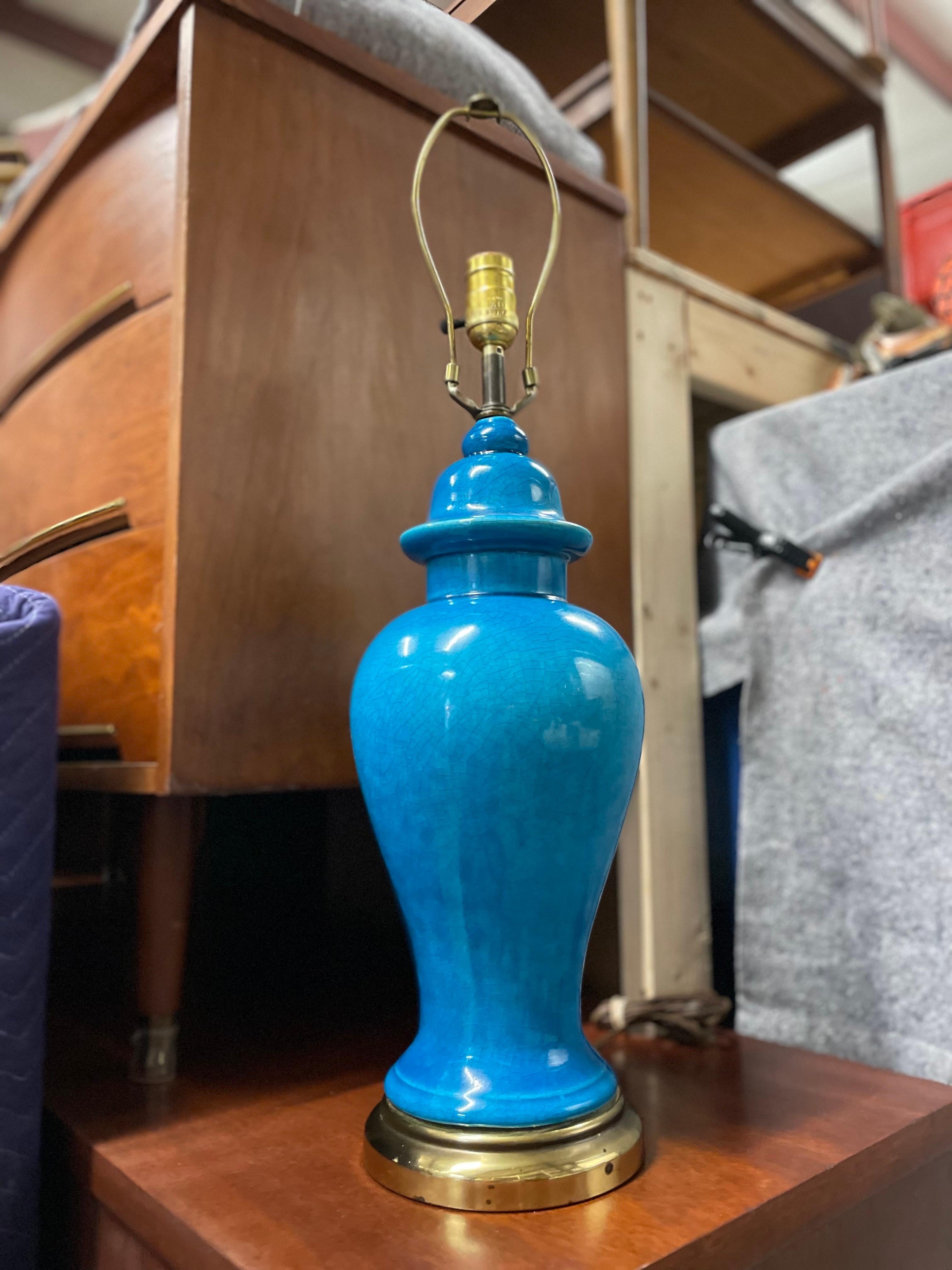 Mid-Century Chinese Ginger Jar Glazed Blue Ceramic Table Lamp 6