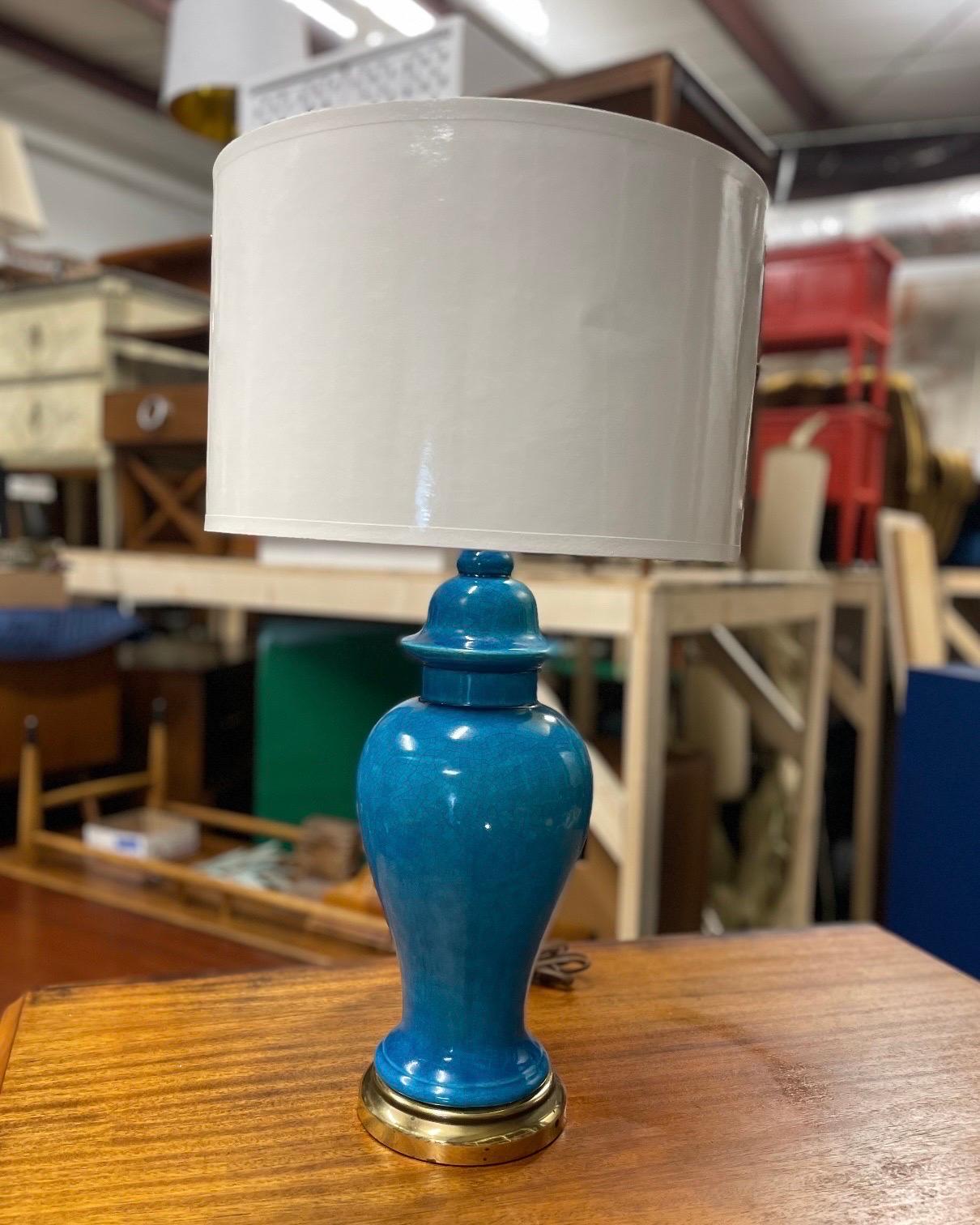 Mid-Century Chinese Ginger Jar Glazed Blue Ceramic Table Lamp 7