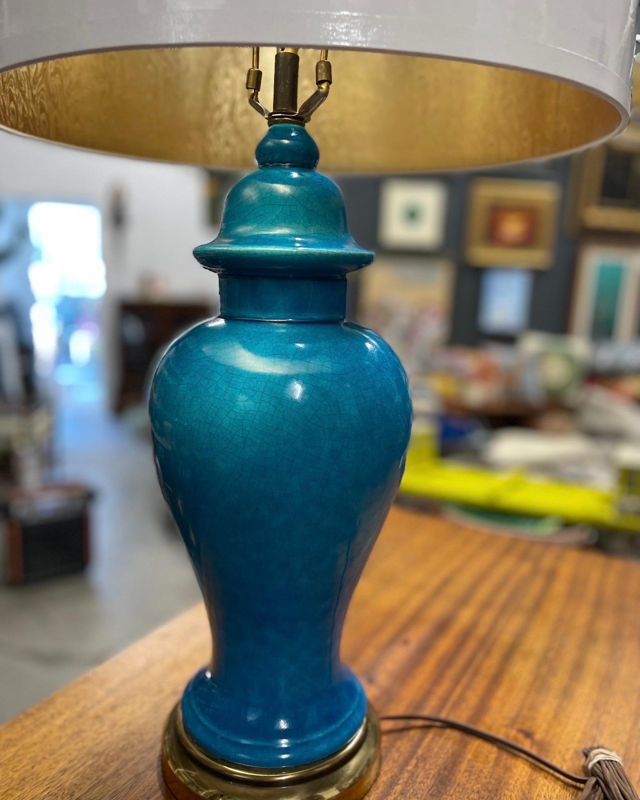 Mid-Century Modern Mid-Century Chinese Ginger Jar Glazed Blue Ceramic Table Lamp