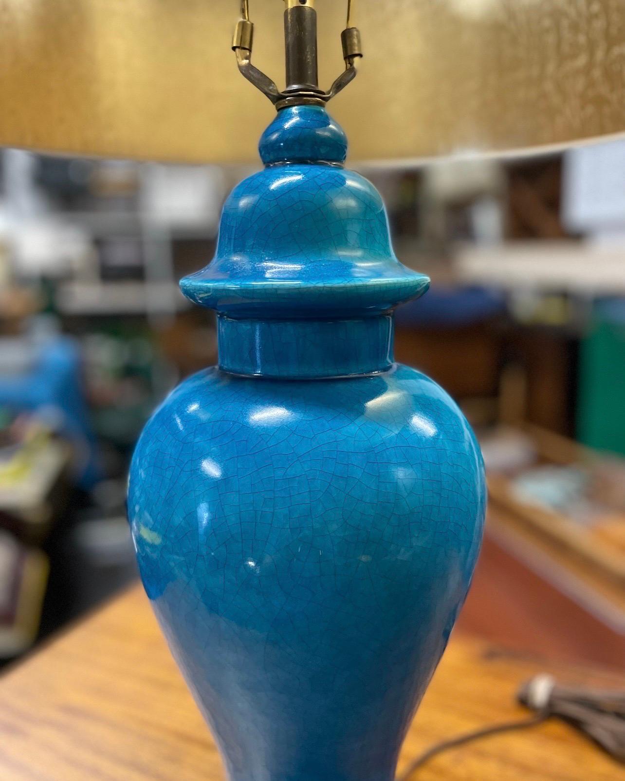 Mid-20th Century Mid-Century Chinese Ginger Jar Glazed Blue Ceramic Table Lamp