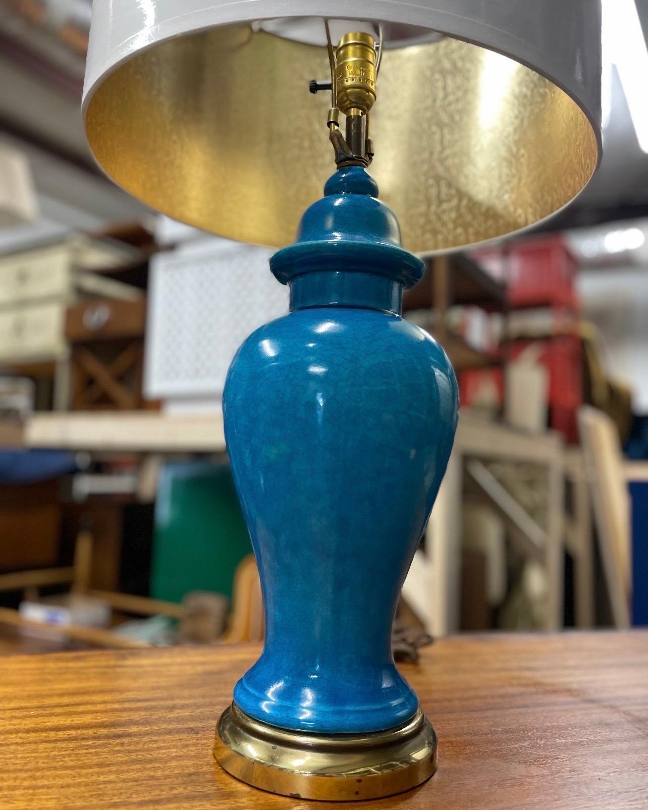 Mid-Century Chinese Ginger Jar Glazed Blue Ceramic Table Lamp 1