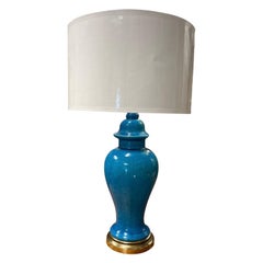 Mid-Century Chinese Ginger Jar Glazed Blue Ceramic Table Lamp