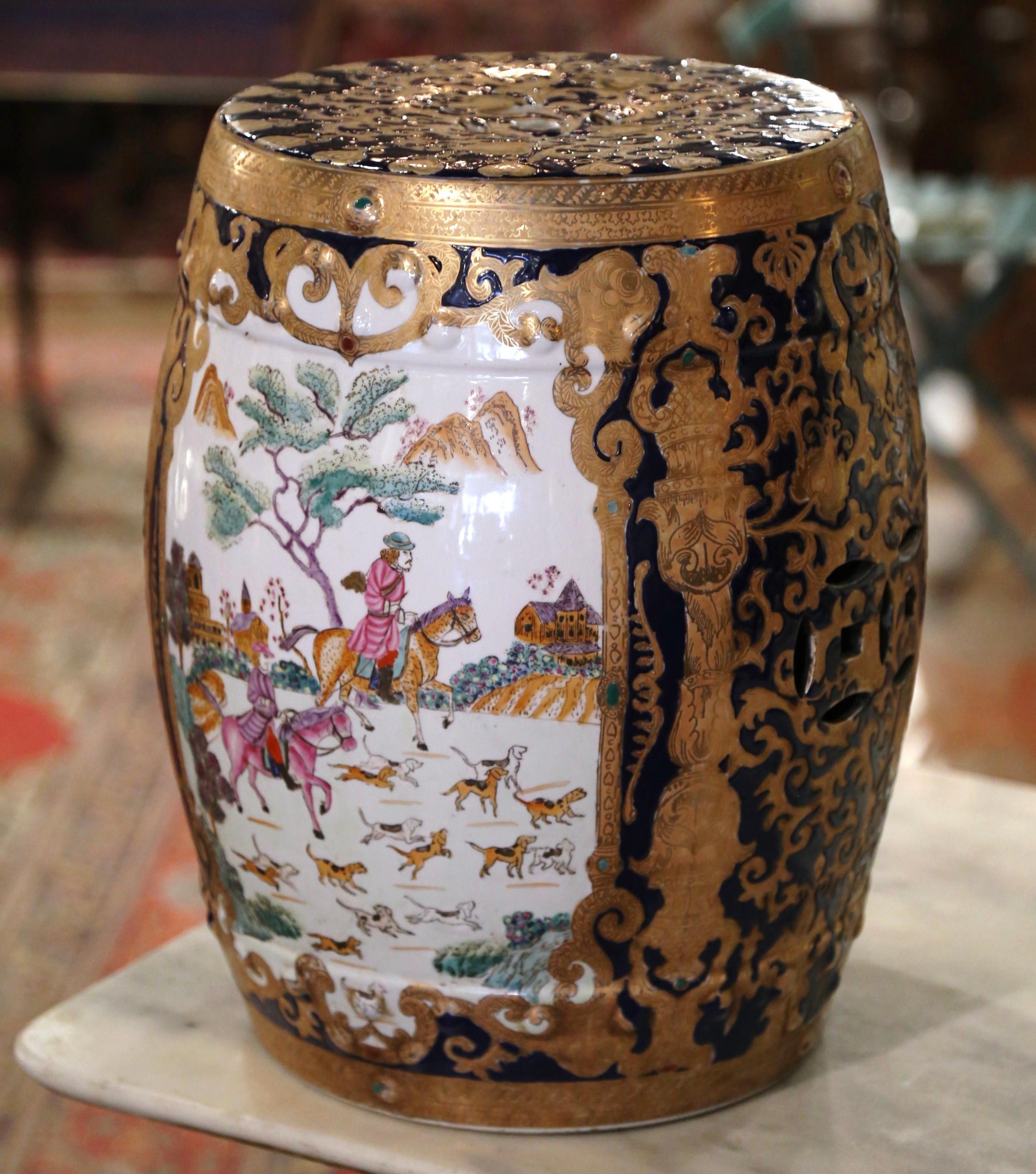 Hand-Painted Midcentury Chinese Hand Painted and Gilt Porcelain Garden Stool