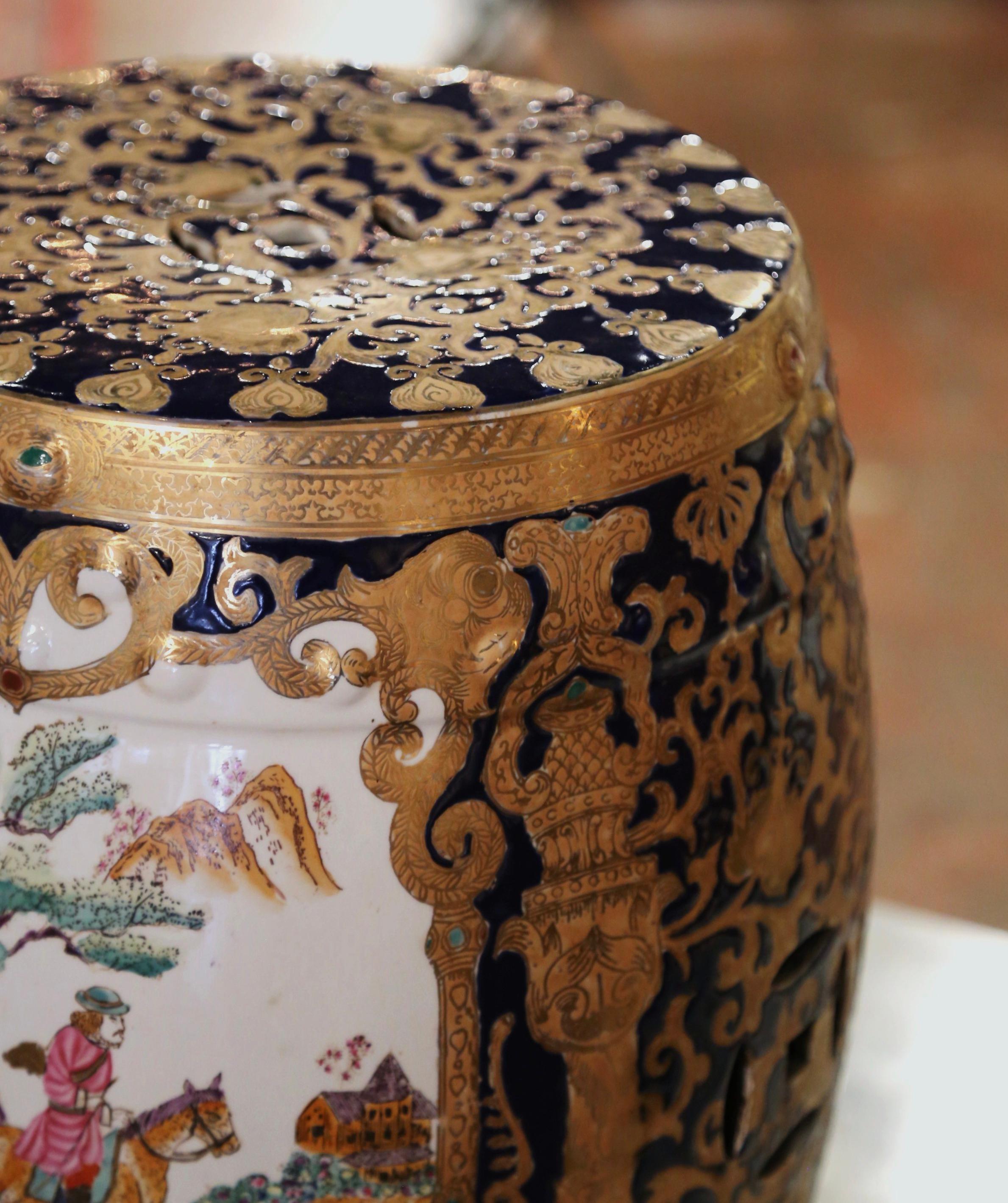 Midcentury Chinese Hand Painted and Gilt Porcelain Garden Stool 2