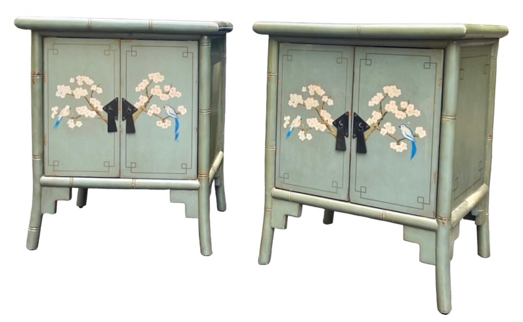 20th Century Mid-Century Chinese Hand Painted Bird & Floral Bamboo Side Tables / Cabinets -2 For Sale