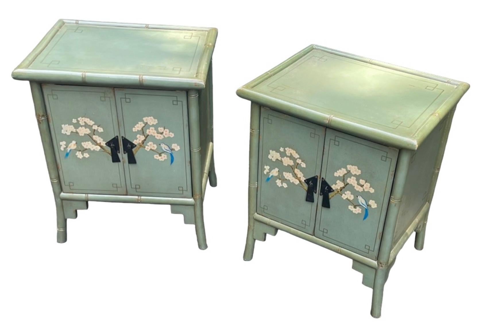 Mid-Century Chinese Hand Painted Bird & Floral Bamboo Side Tables / Cabinets -2 For Sale 1