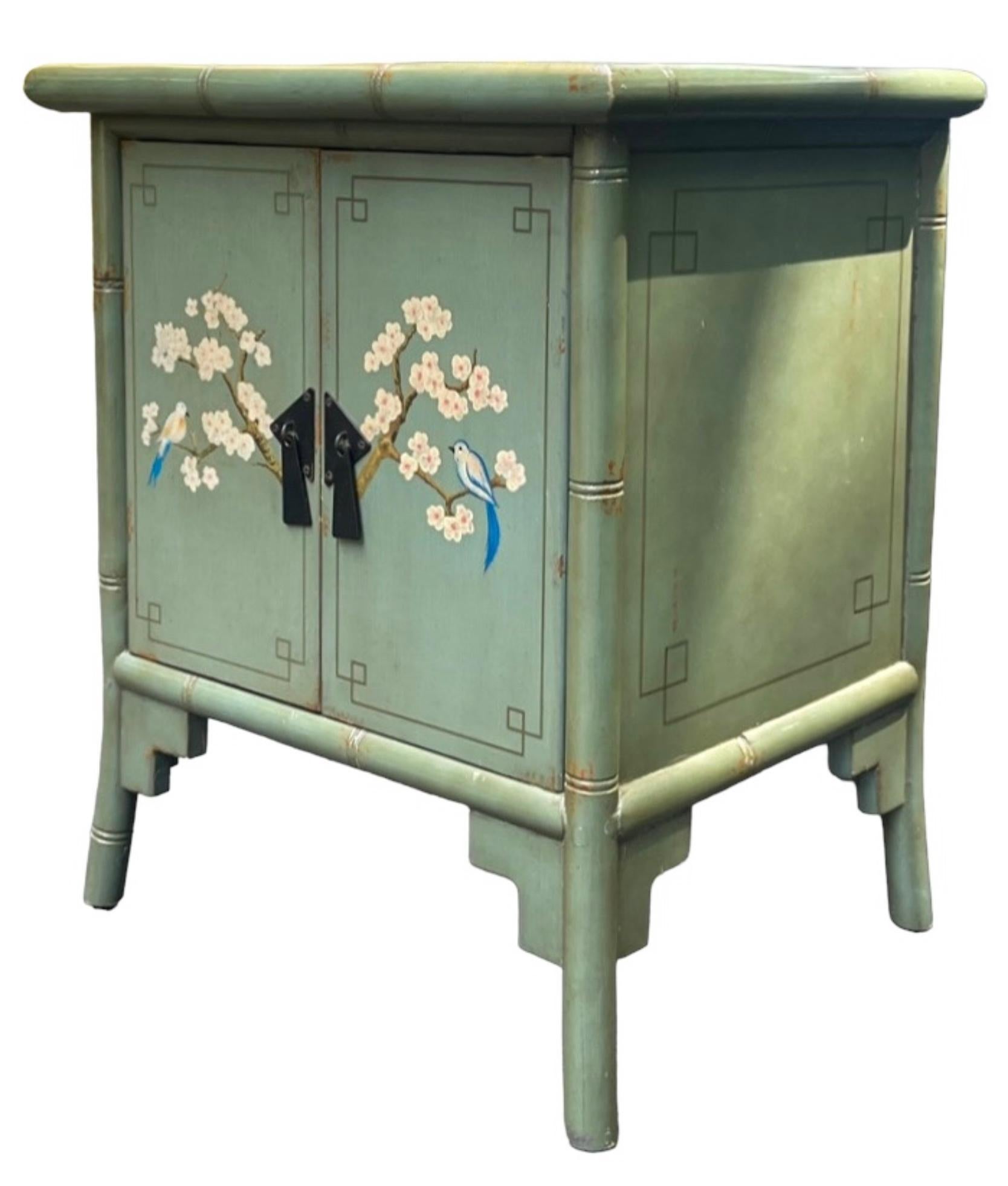 Mid-Century Chinese Hand Painted Bird & Floral Bamboo Side Tables / Cabinets -2 For Sale 2