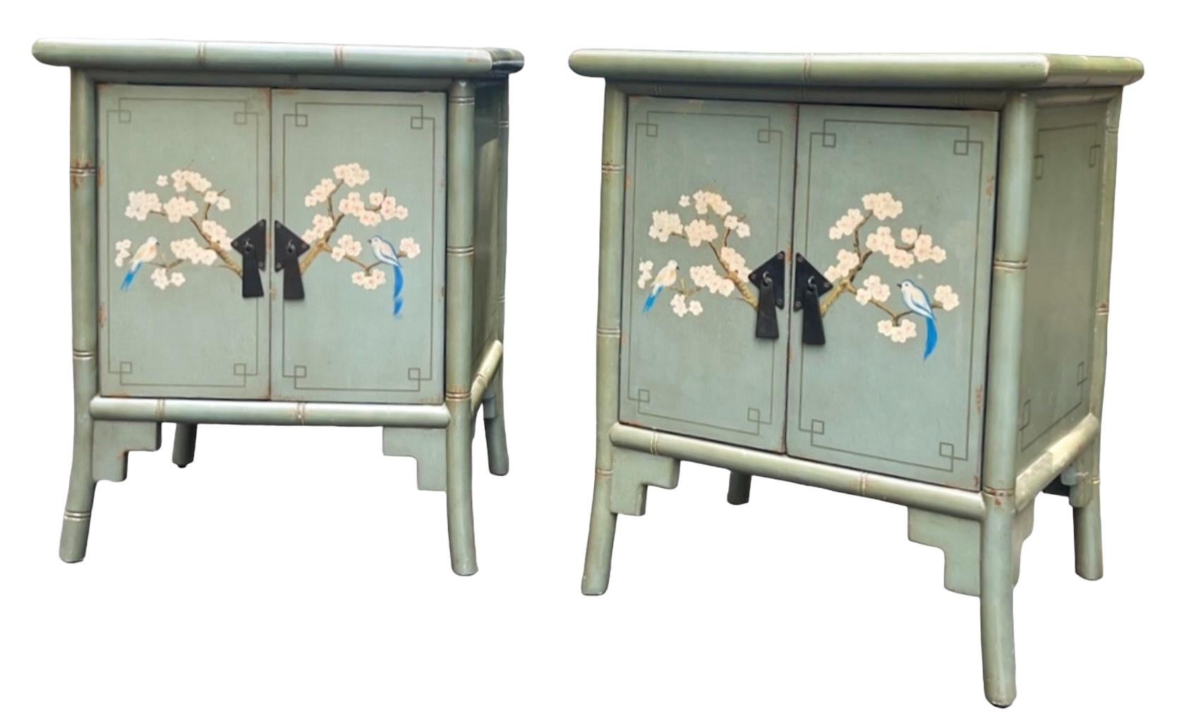 Mid-Century Chinese Hand Painted Bird & Floral Bamboo Side Tables / Cabinets -2 For Sale 3