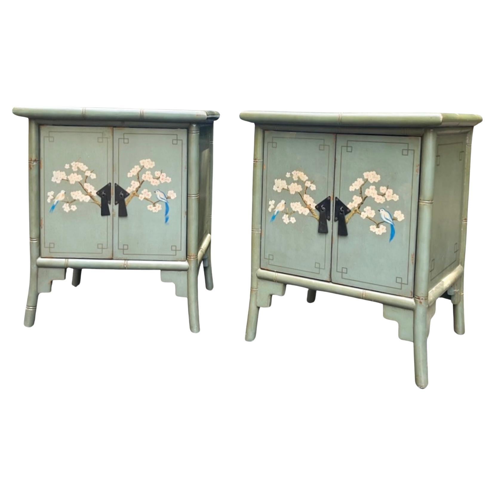 Mid-Century Chinese Hand Painted Bird & Floral Bamboo Side Tables / Cabinets -2 For Sale