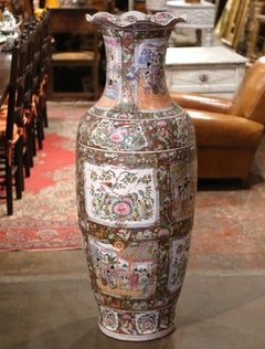 Mid-20th Century Chinese Famille Rose Floor Temple Vase with Gilt Accents