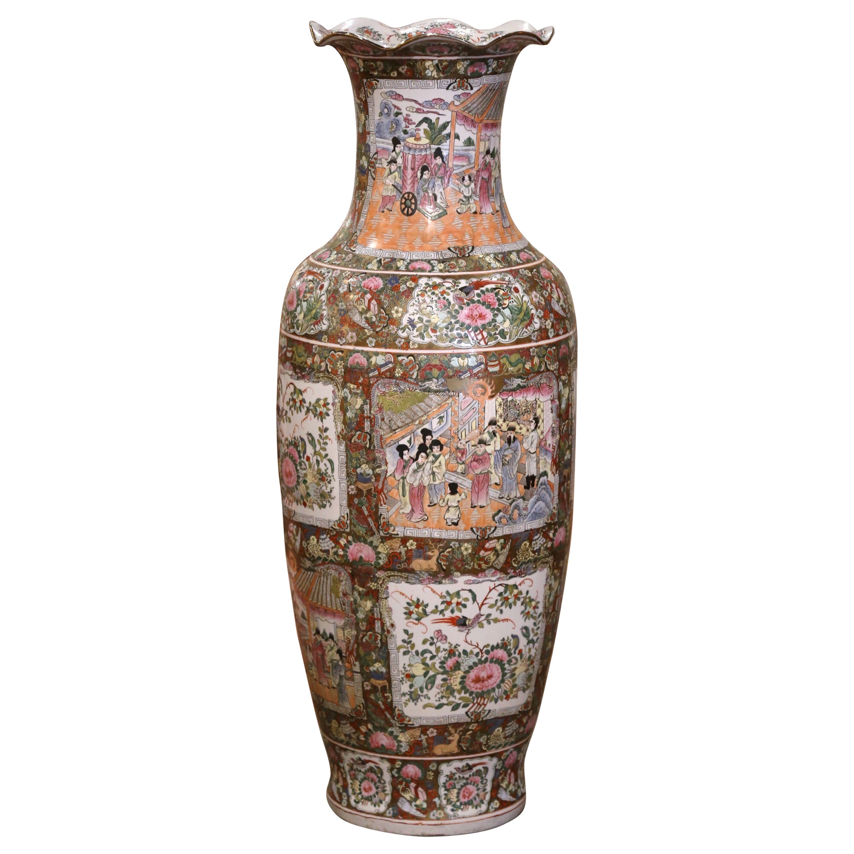 Mid-Century Chinese Hand Painted Famille Rose Medallion Temple Vase